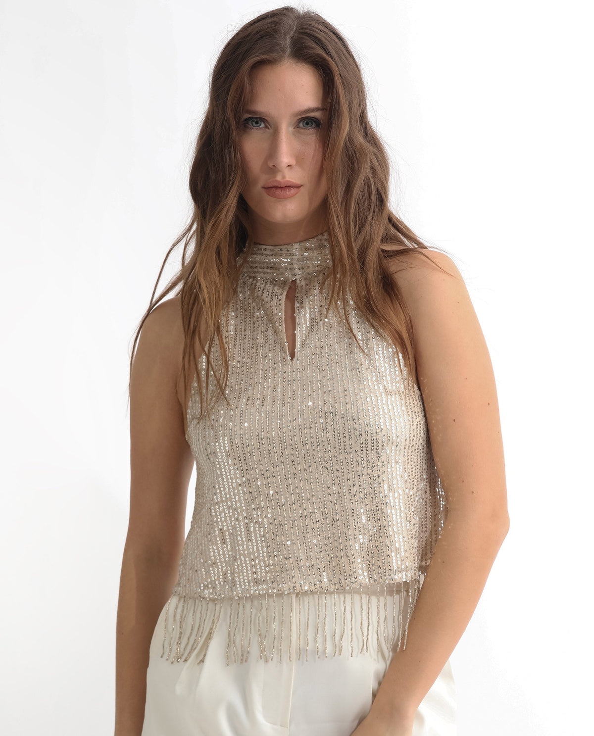 Rareism Women Lovia Beige Nylon Fabric Regular Fit Halter Neck Sleeveless Sequined Top