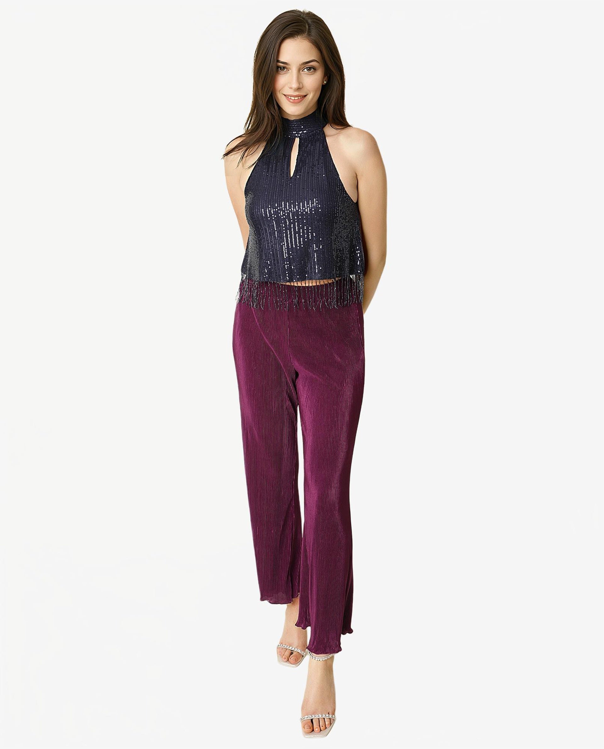 Rareism Women's Lovia Navy Nylon Halter Neck Sequined Sleeveless Regular Fit Top