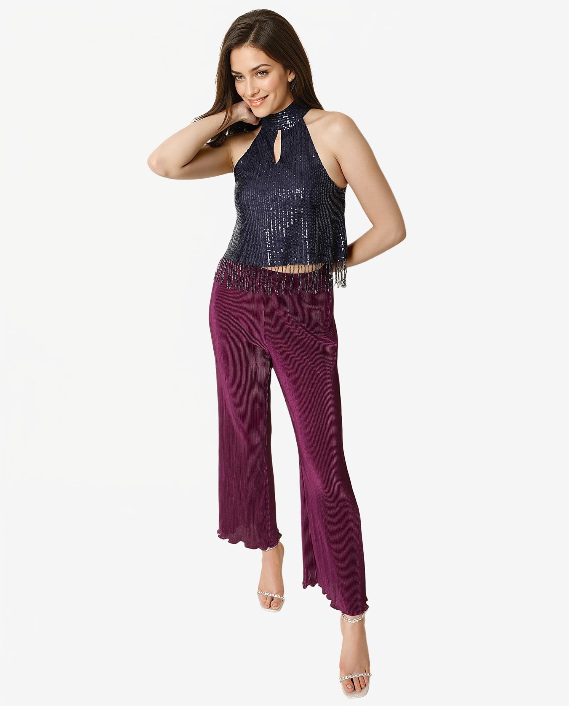 Rareism Women's Lovia Navy Nylon Halter Neck Sequined Sleeveless Regular Fit Top