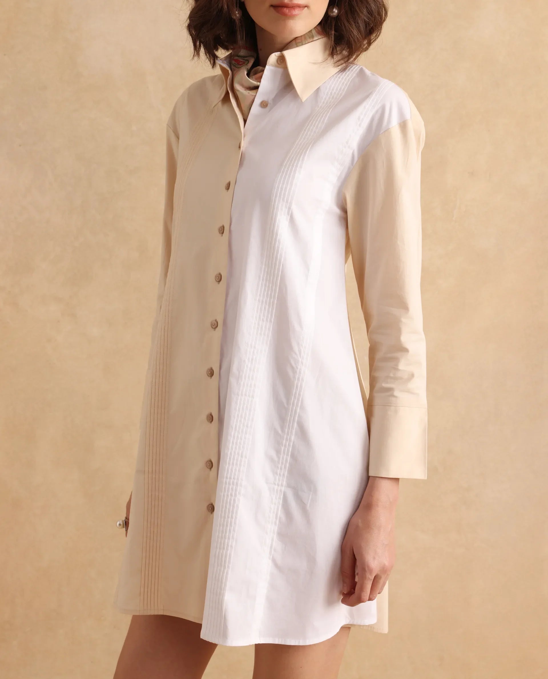 Rareism Women's Loibx White Cotton Spread Collar Color Block Cuffed Sleeve Mini Straight Fit Dress