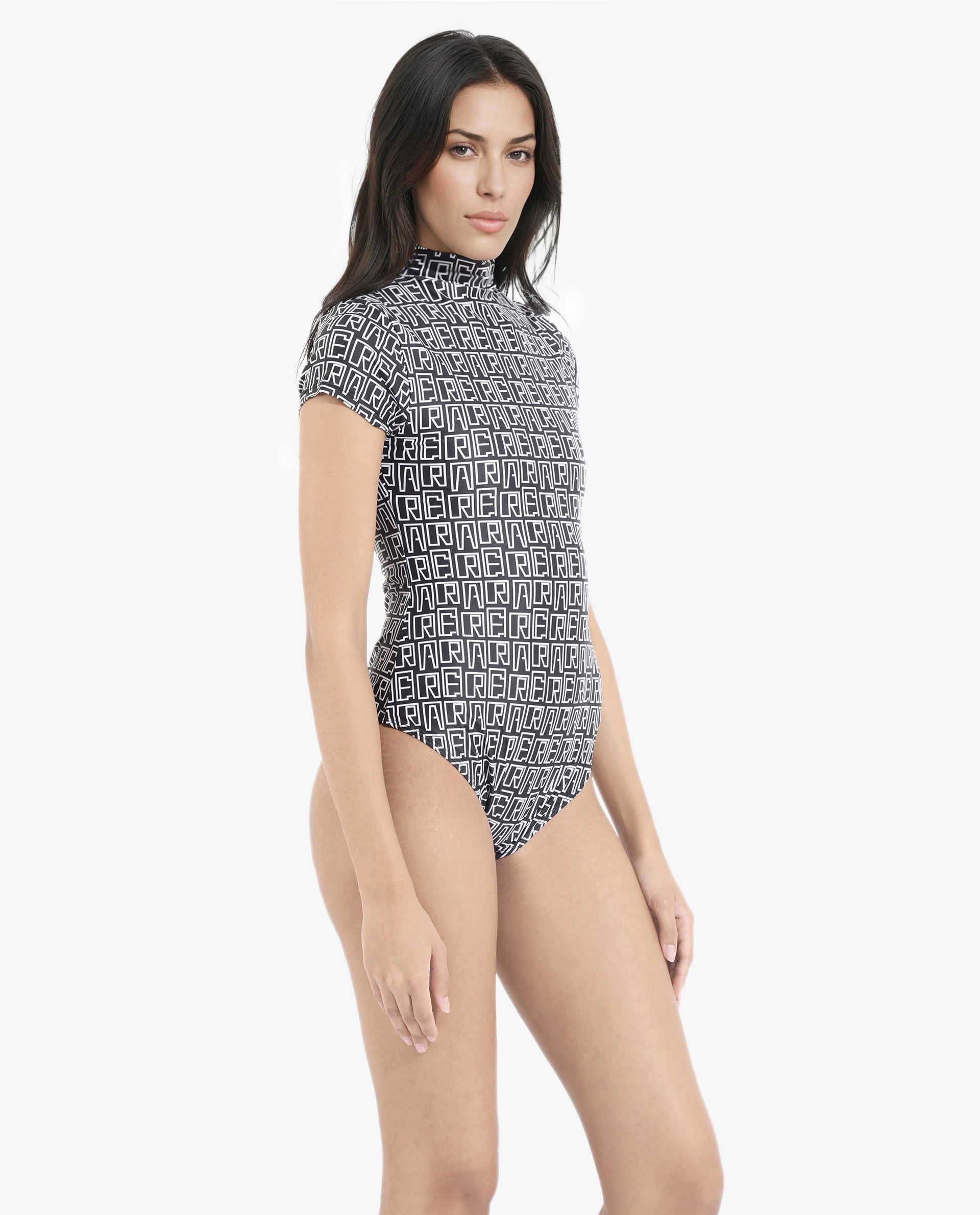 Rareism Women's Lucie Black V-Neck Monogram Print Cape Sleeve Mini Bodysuit Swimsuit