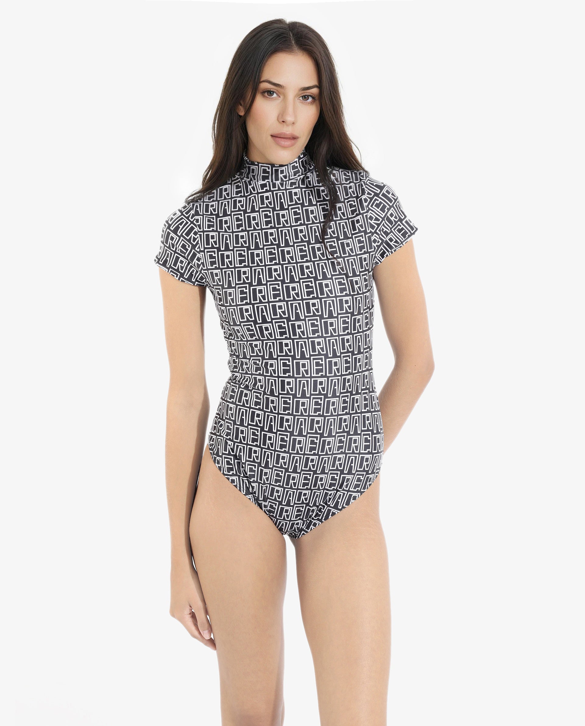 Rareism Women's Lucie Black V-Neck Monogram Print Cape Sleeve Mini Bodysuit Swimsuit