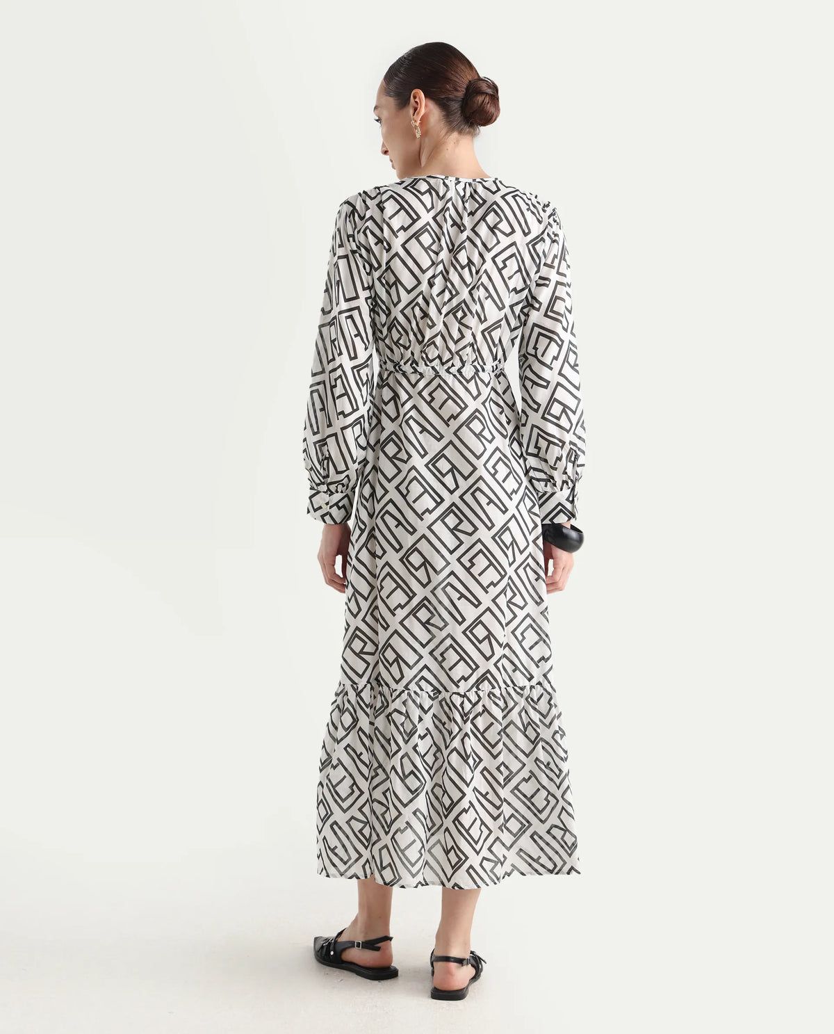 Rareism Women's Lucinda Light Beige Cotton V-Neck Monogram Print Cuffed Sleeve Maxi Regular Fit Shrug