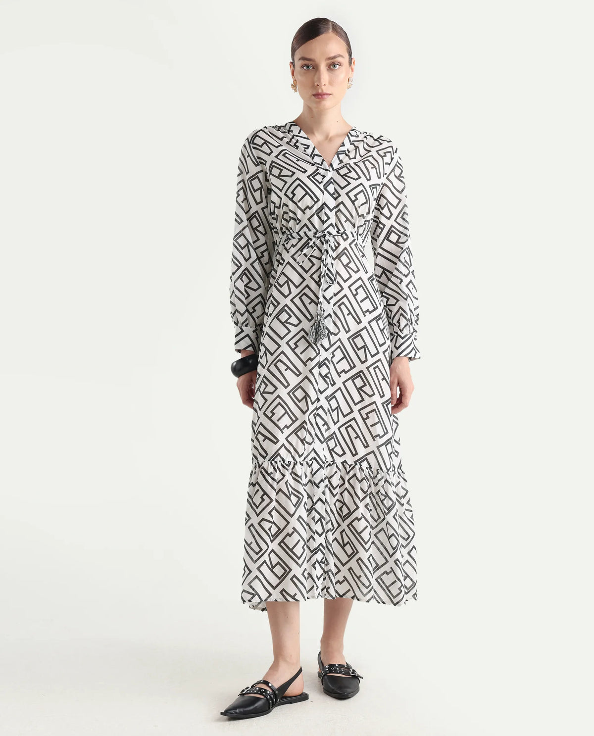 Rareism Women's Lucinda Light Beige Cotton V-Neck Monogram Print Cuffed Sleeve Maxi Regular Fit Shrug