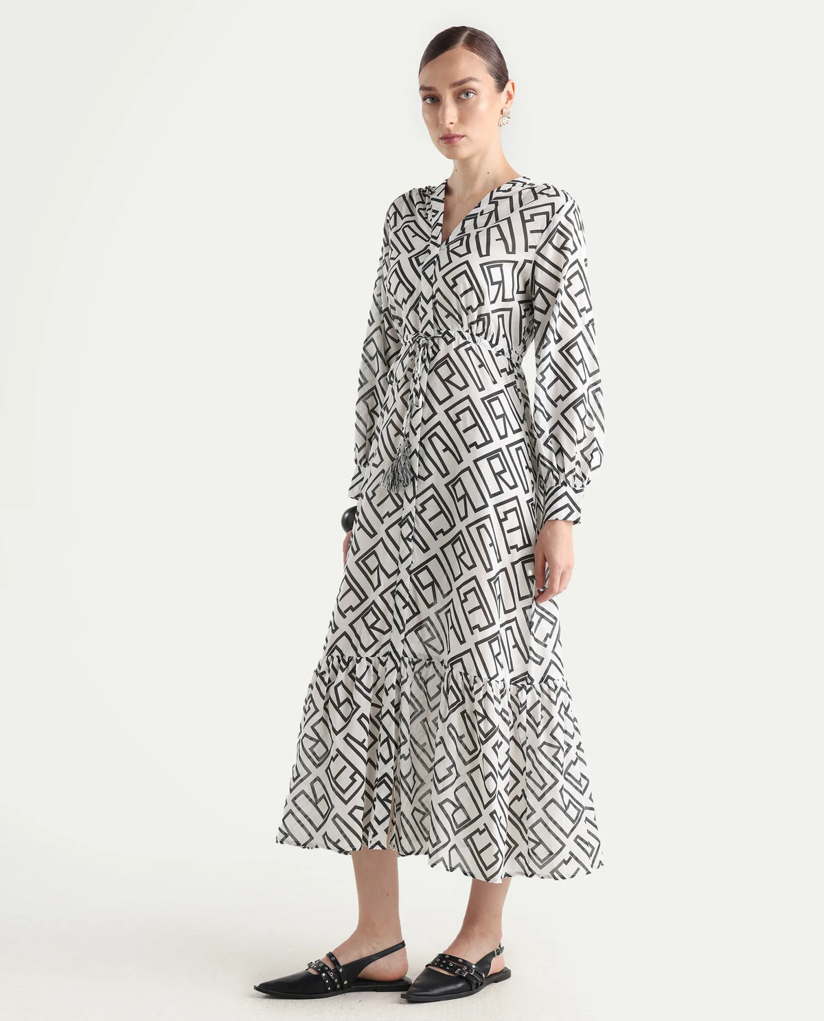 Rareism Women's Lucinda Light Beige Cotton V-Neck Monogram Print Cuffed Sleeve Maxi Regular Fit Shrug