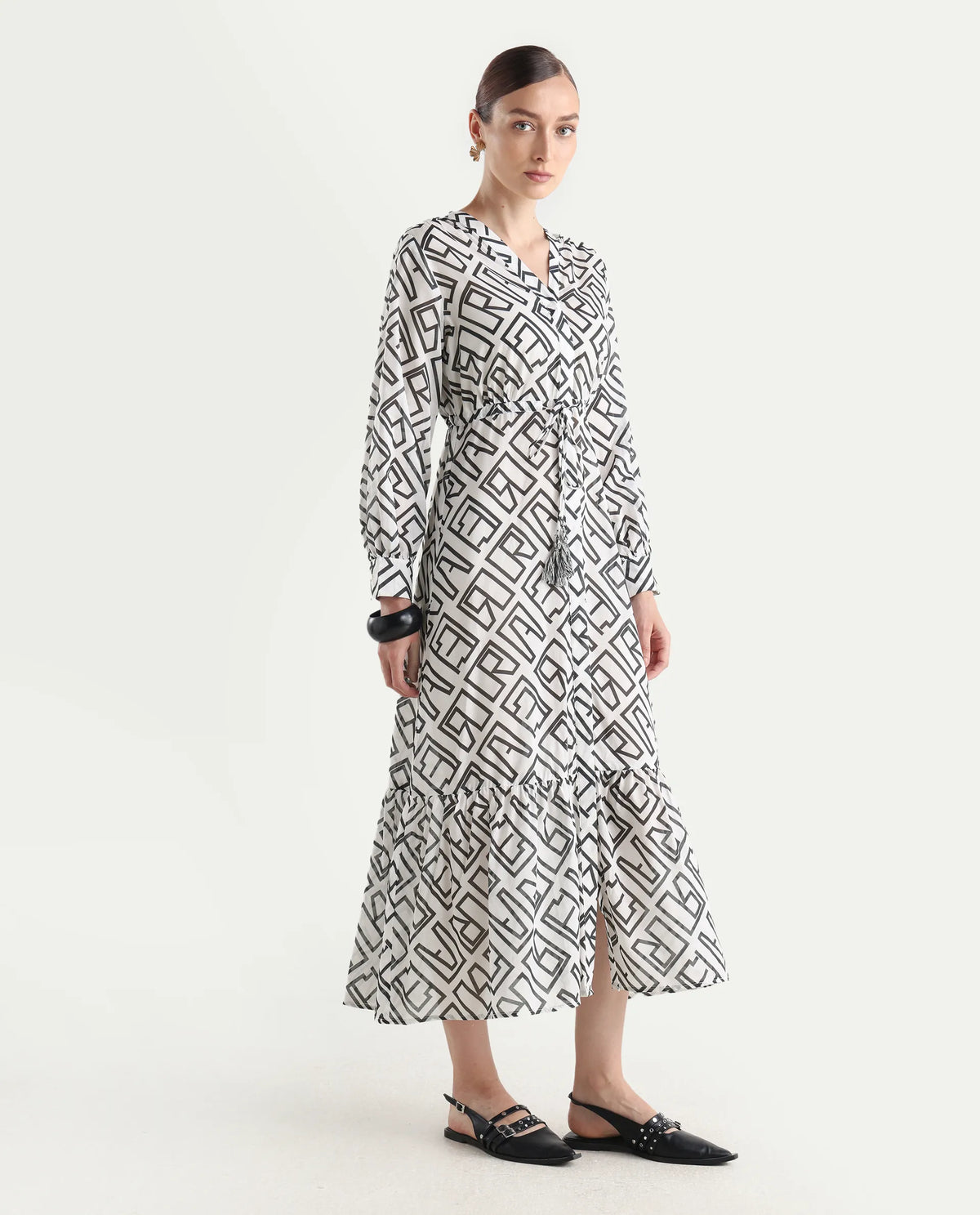 Rareism Women's Lucinda Light Beige Cotton V-Neck Monogram Print Cuffed Sleeve Maxi Regular Fit Shrug