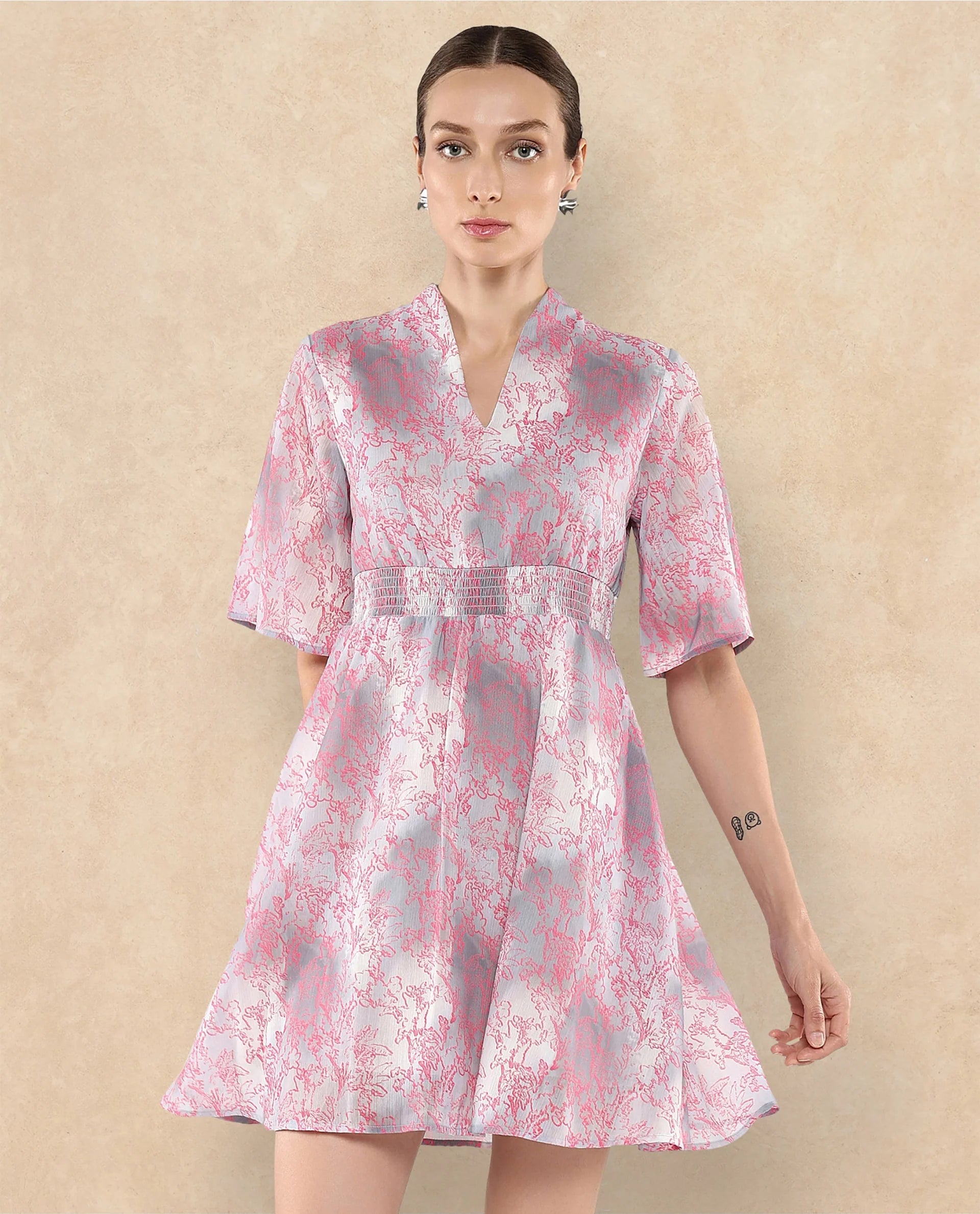 Rareism Women's Luffy Grey Satin Built-Up Neck Abstract Print Flared Sleeve Knee Length Fit And Flare Dress