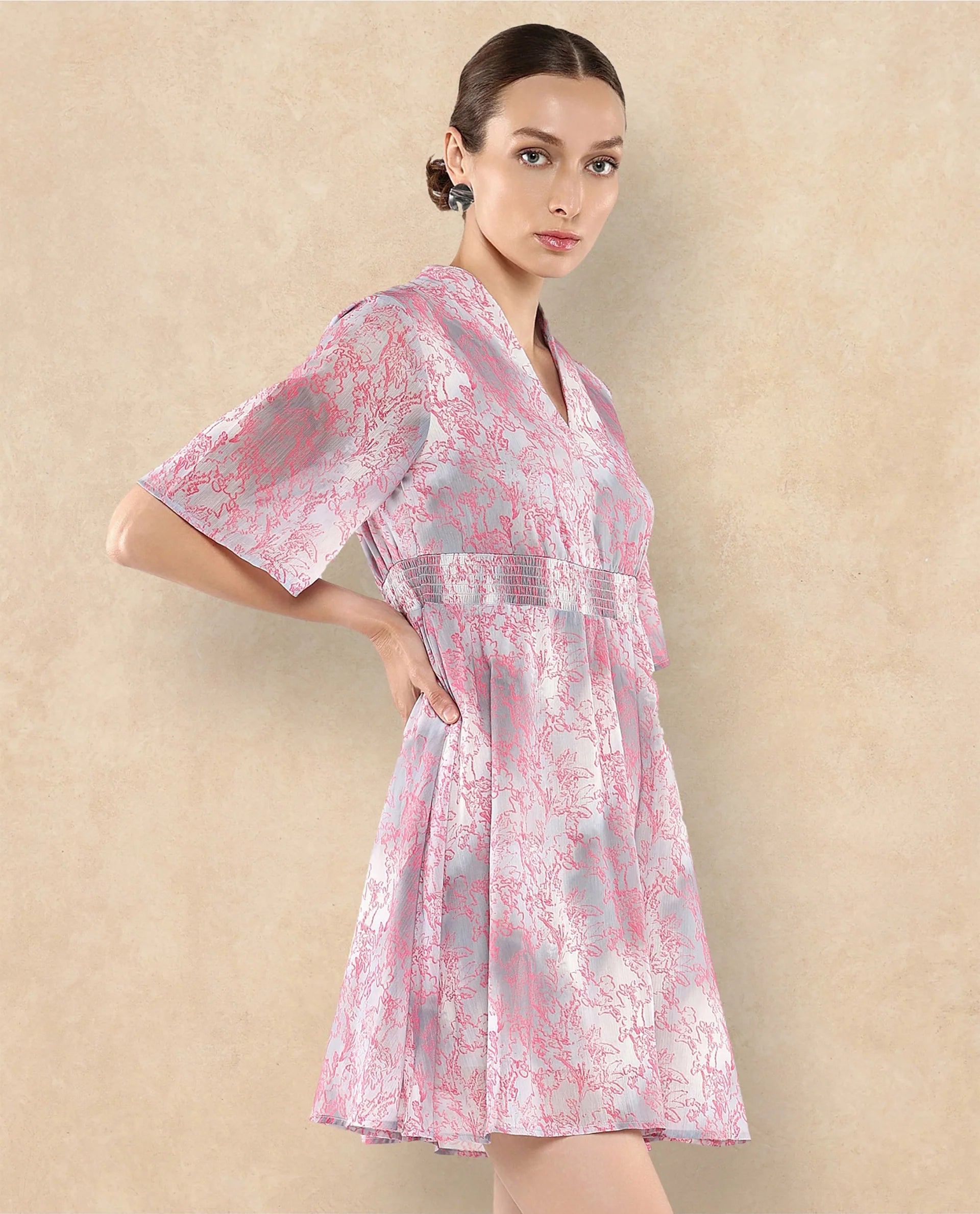 Rareism Women's Luffy Grey Satin Built-Up Neck Abstract Print Flared Sleeve Knee Length Fit And Flare Dress