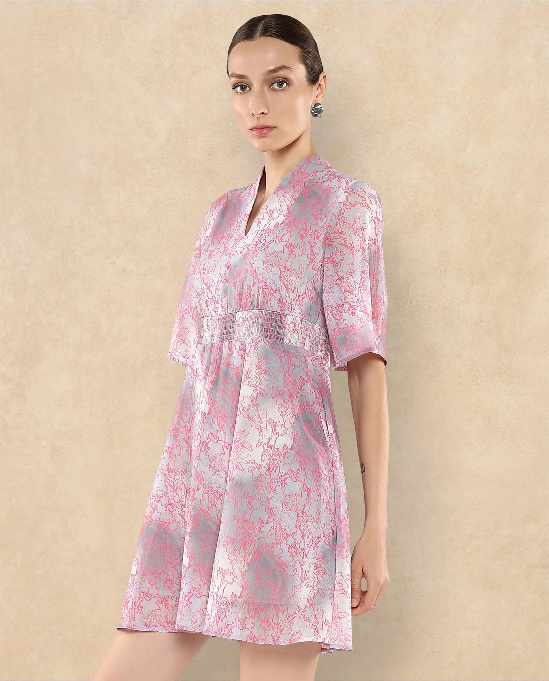 Rareism Women's Luffy Grey Satin Built-Up Neck Abstract Print Flared Sleeve Knee Length Fit And Flare Dress