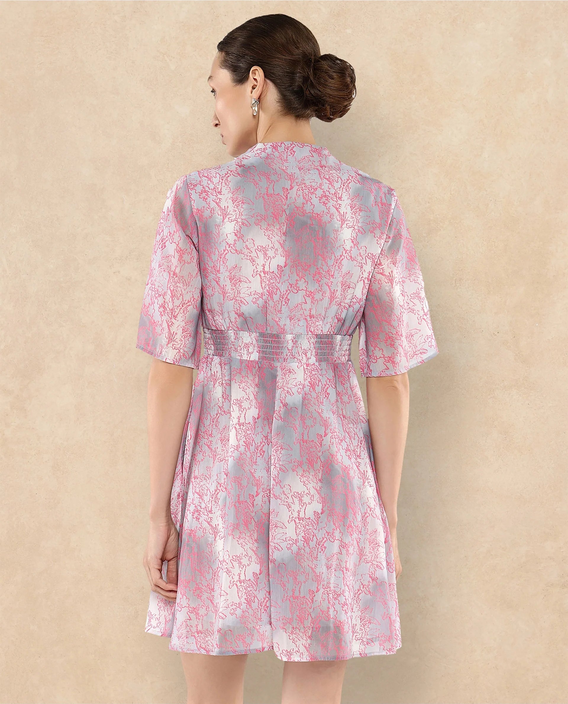 Rareism Women's Luffy Grey Satin Built-Up Neck Abstract Print Flared Sleeve Knee Length Fit And Flare Dress