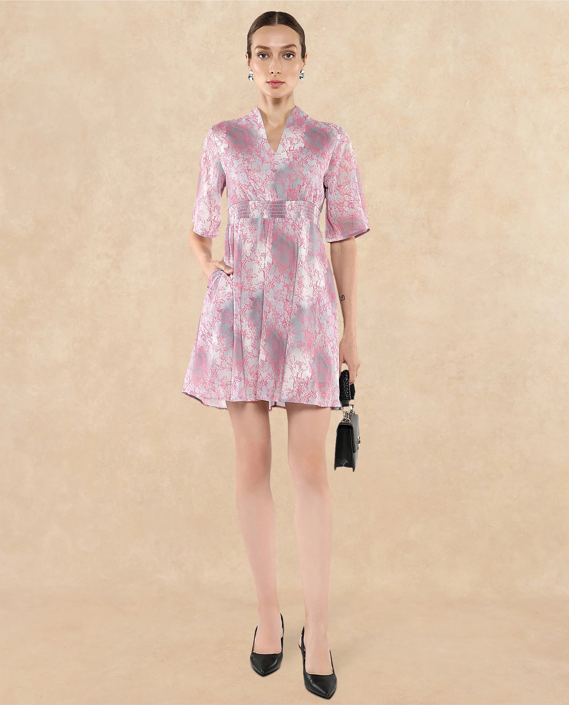 Rareism Women's Luffy Grey Satin Built-Up Neck Abstract Print Flared Sleeve Knee Length Fit And Flare Dress