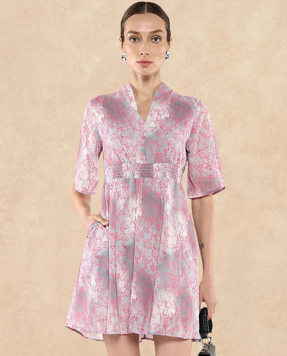 Rareism Women's Luffy Grey Satin Built-Up Neck Abstract Print Flared Sleeve Knee Length Fit And Flare Dress