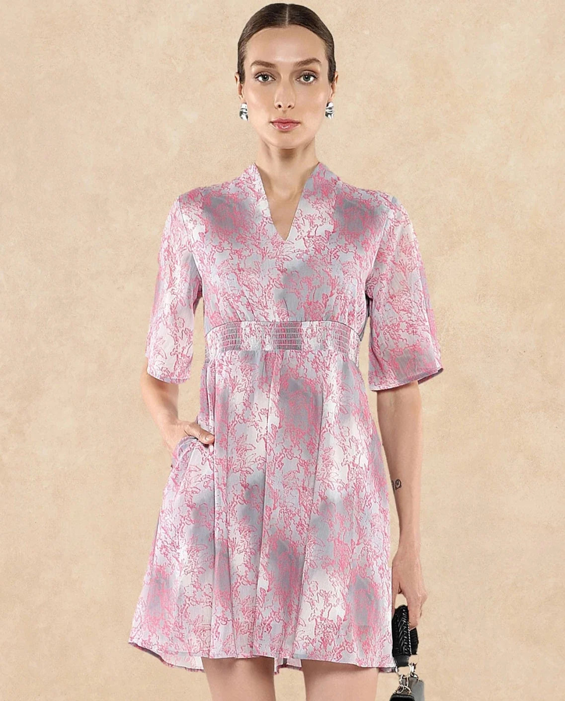 Rareism Women Luffy Grey Flared Sleeve Abstract Print Dress
