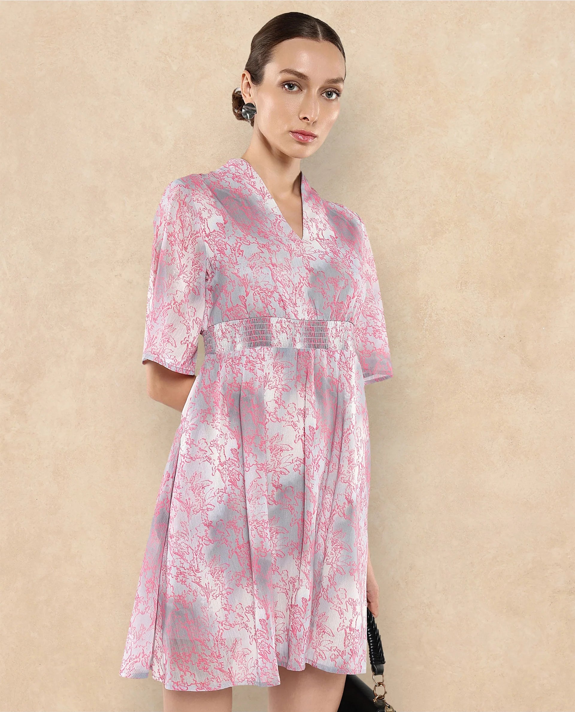 Rareism Women's Luffy Grey Satin Built-Up Neck Abstract Print Flared Sleeve Knee Length Fit And Flare Dress