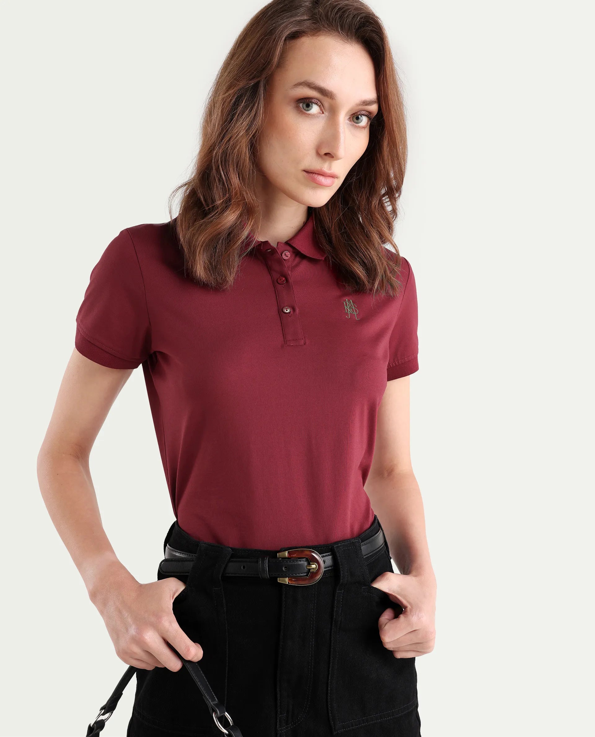 Rareism Women's Lugano Maroon Cotton Blend Polo Neck Plain Regular Fit Polo