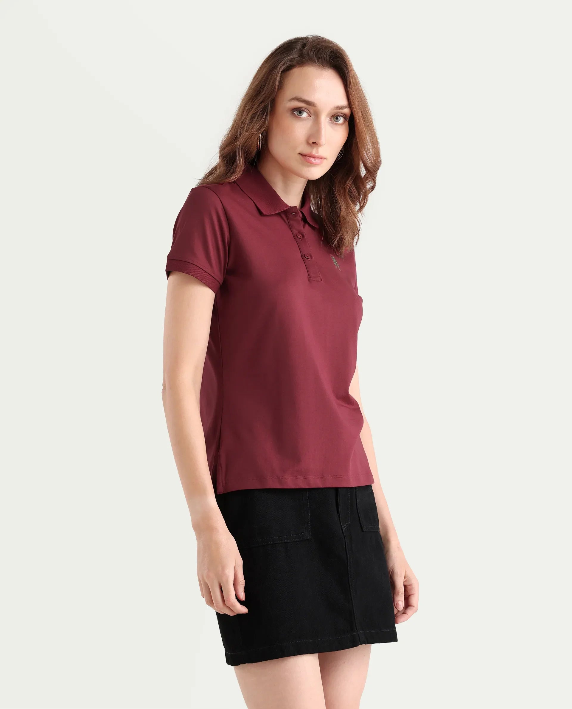 Rareism Women's Lugano Maroon Cotton Blend Polo Neck Plain Regular Fit Polo