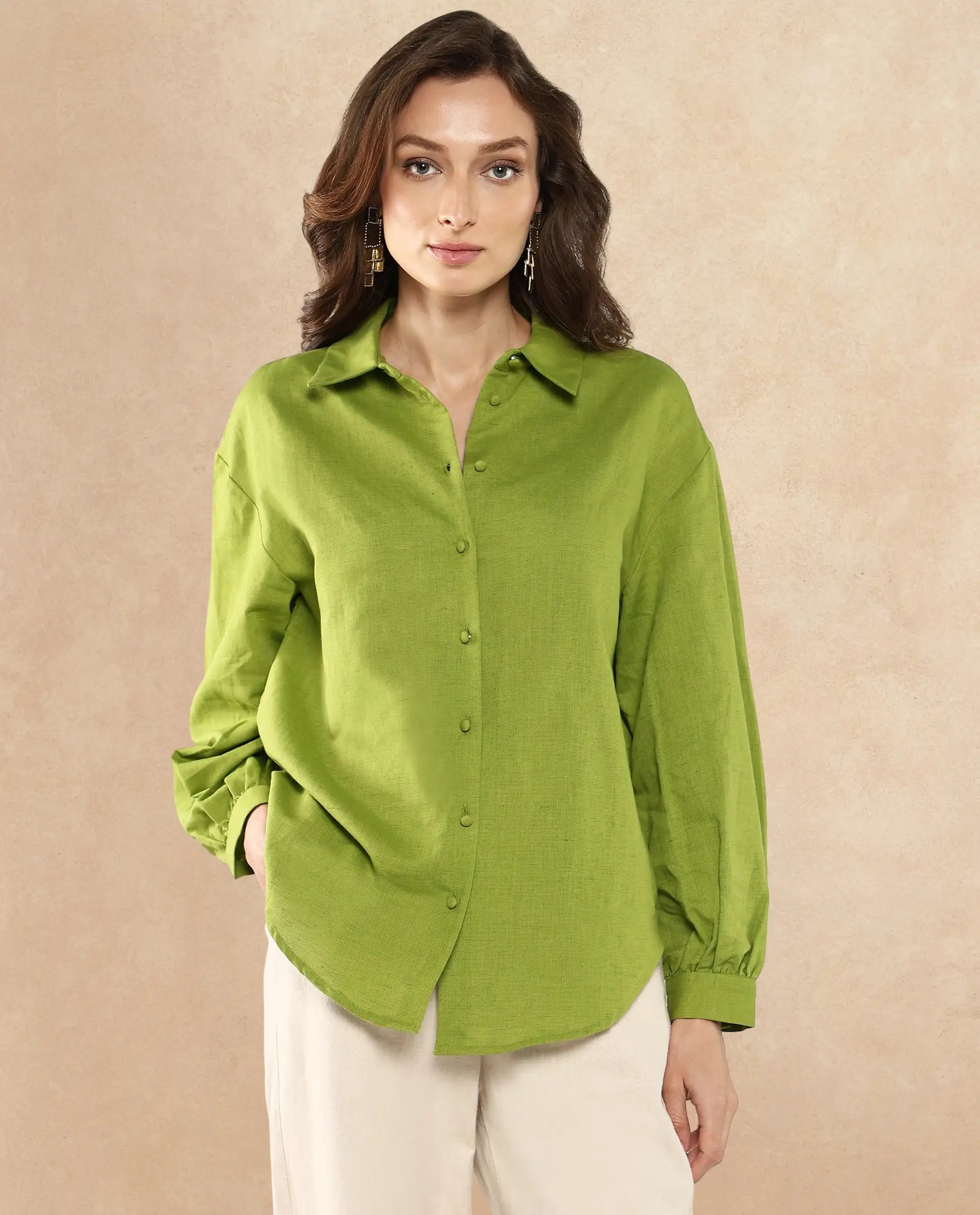 Rareism Women's Lureno Light Olive Cotton Blend Spread Collar Plain Cuffed Sleeve Regular Fit Top