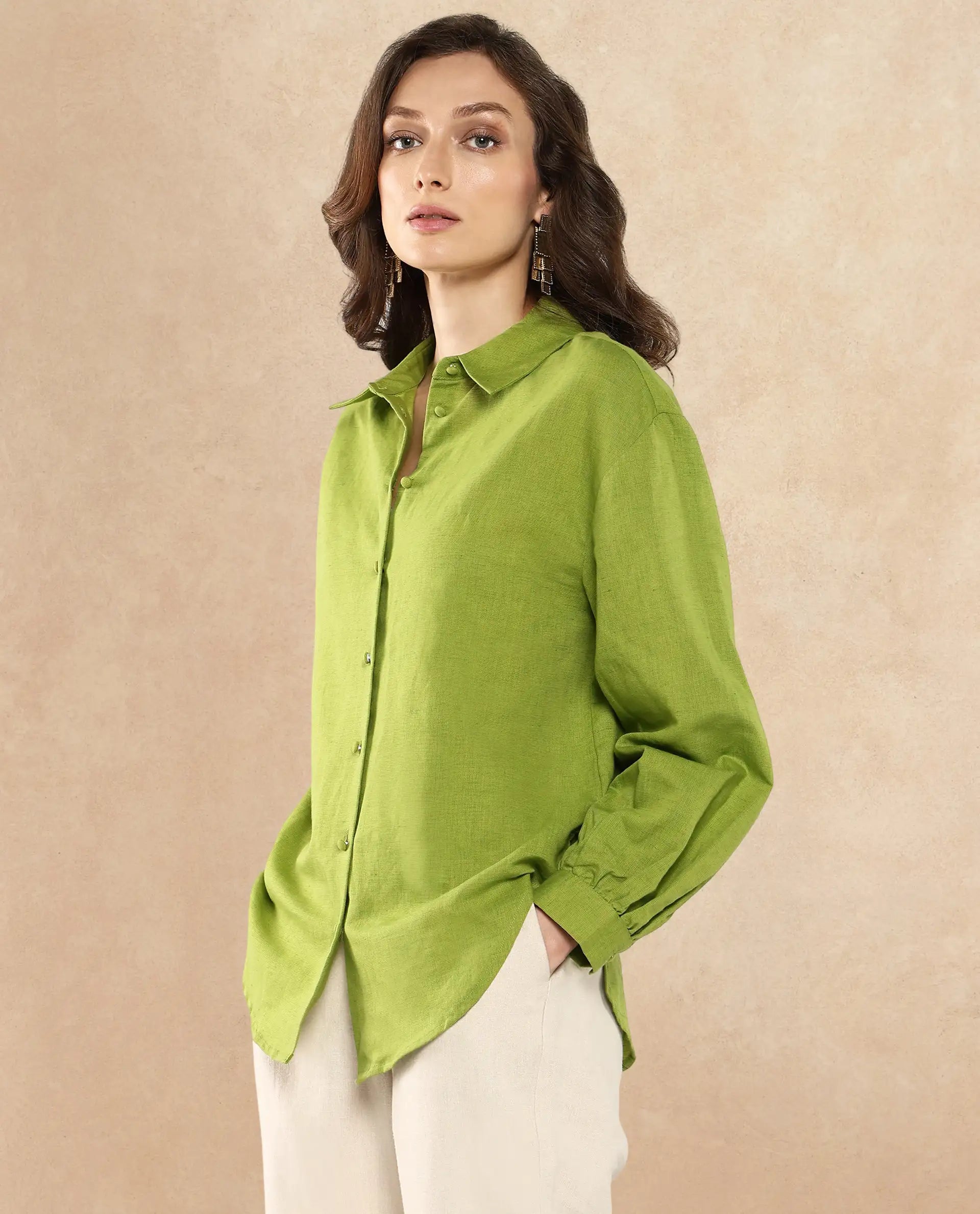 Rareism Women's Lureno Light Olive Cotton Blend Spread Collar Plain Cuffed Sleeve Regular Fit Top