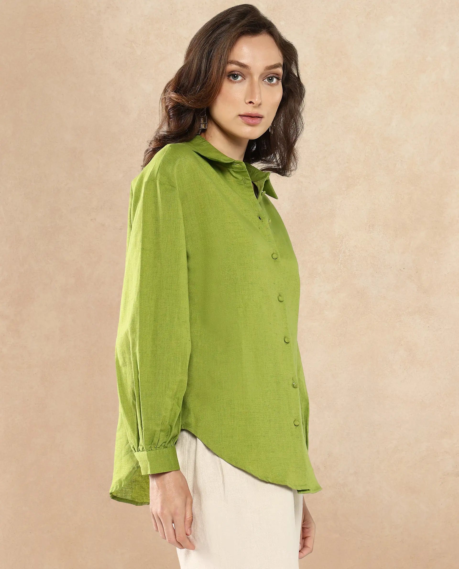 Rareism Women's Lureno Light Olive Cotton Blend Spread Collar Plain Cuffed Sleeve Regular Fit Top