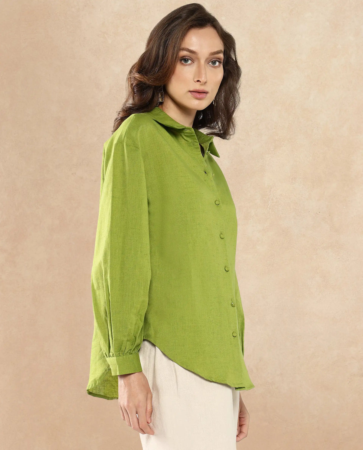 Rareism Women Lureno Light Olive Full Sleeve Collared Neck Button Closure Plain Top
