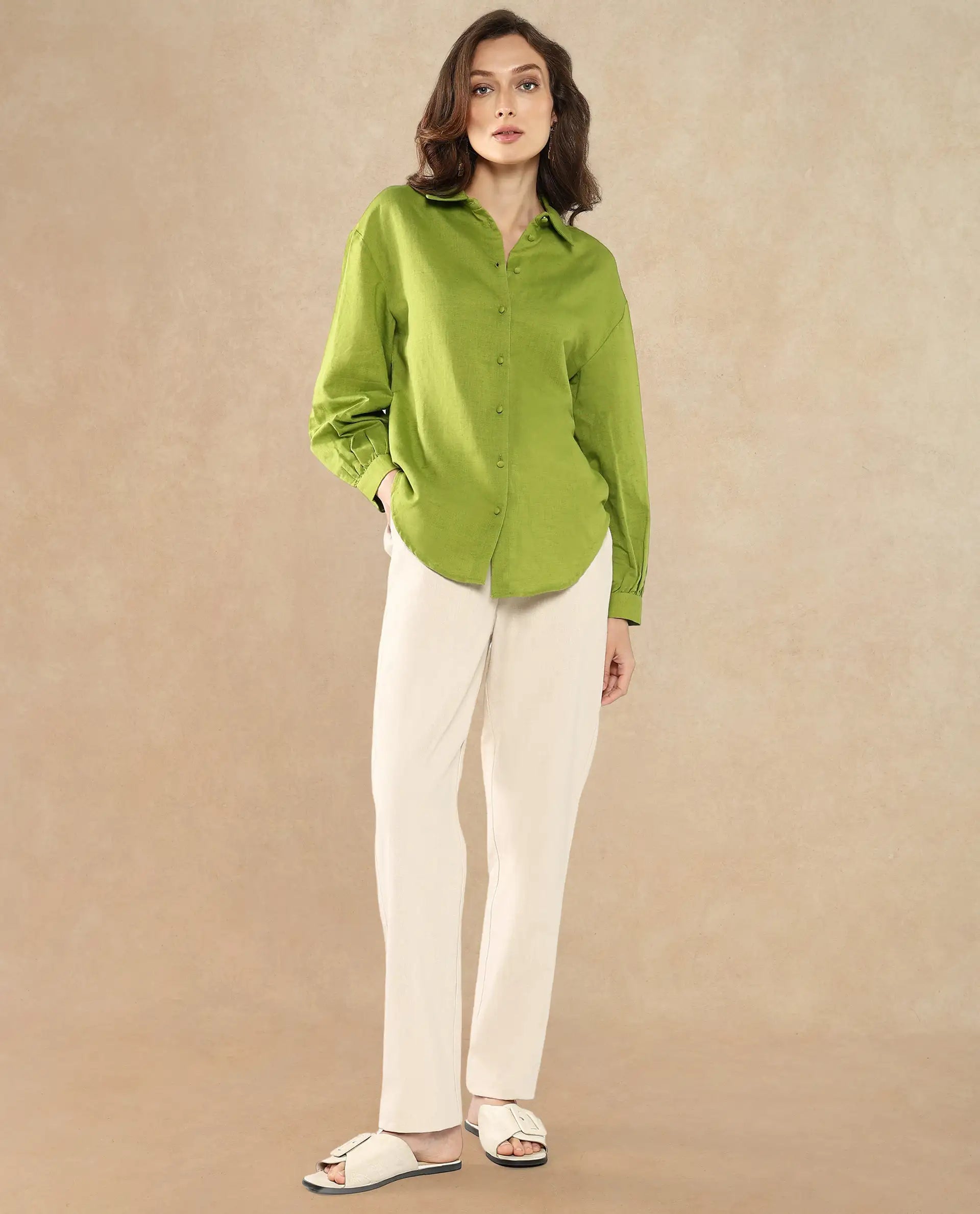 Rareism Women's Lureno Light Olive Cotton Blend Spread Collar Plain Cuffed Sleeve Regular Fit Top