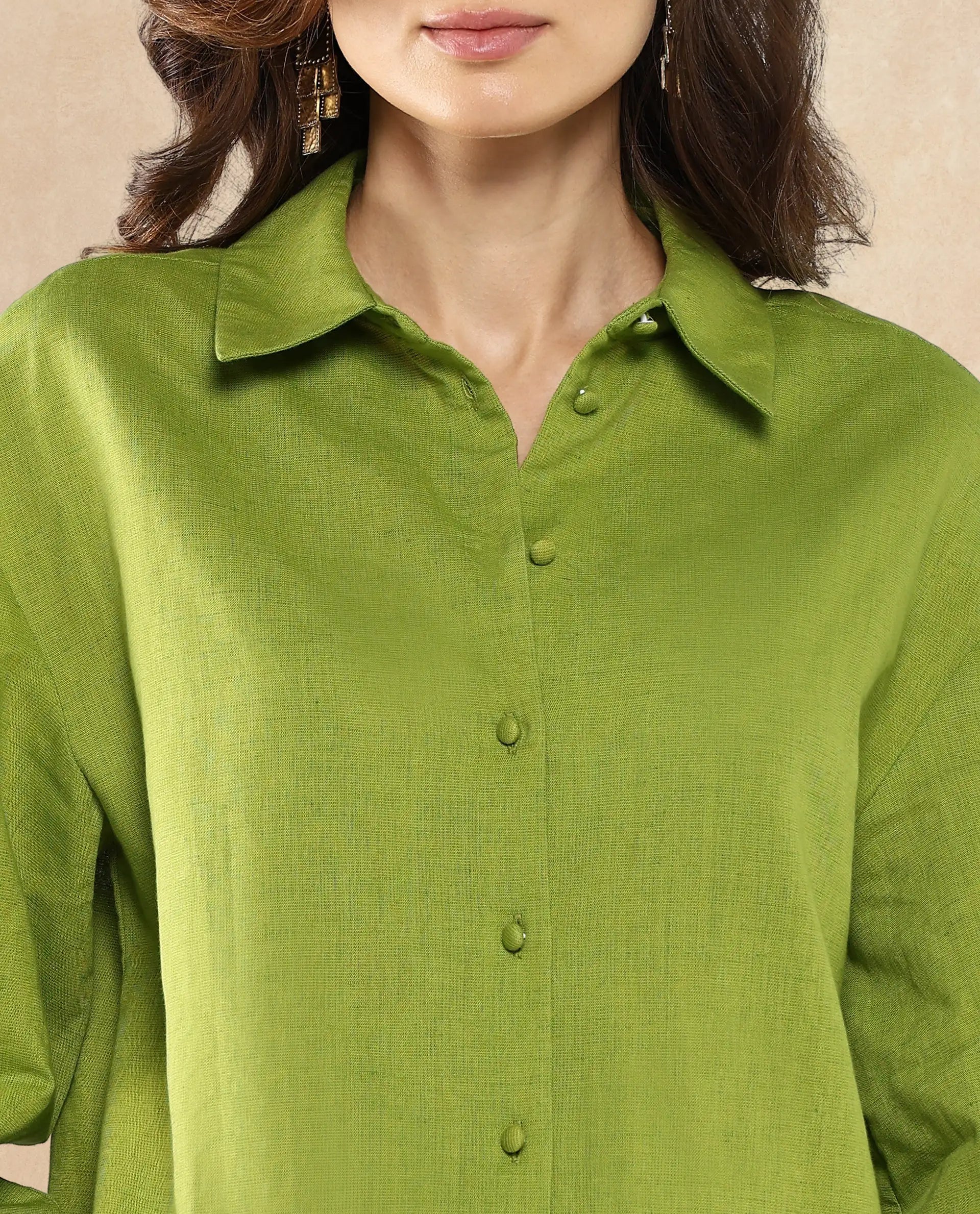 Rareism Women's Lureno Light Olive Cotton Blend Spread Collar Plain Cuffed Sleeve Regular Fit Top