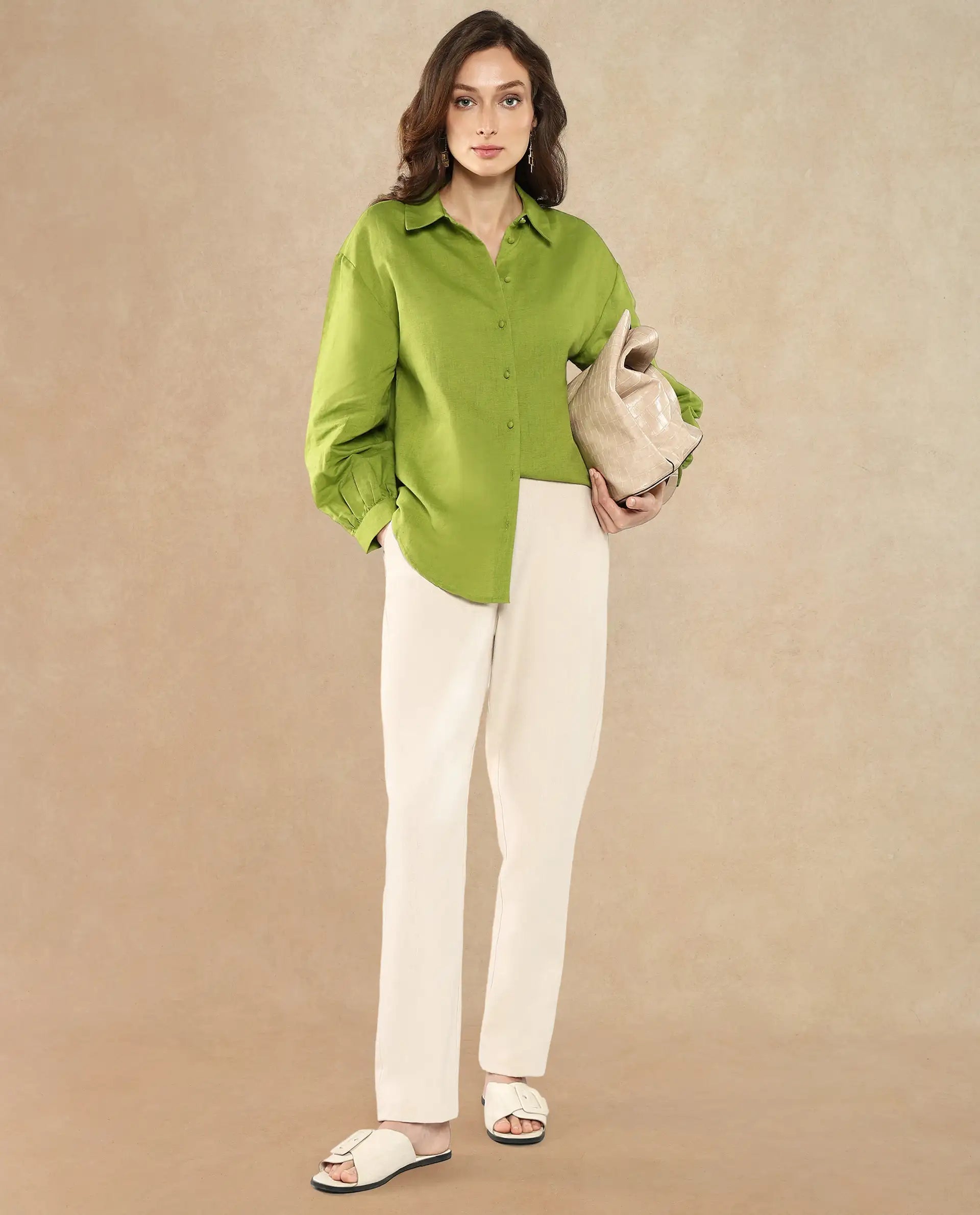 Rareism Women's Lureno Light Olive Cotton Blend Spread Collar Plain Cuffed Sleeve Regular Fit Top
