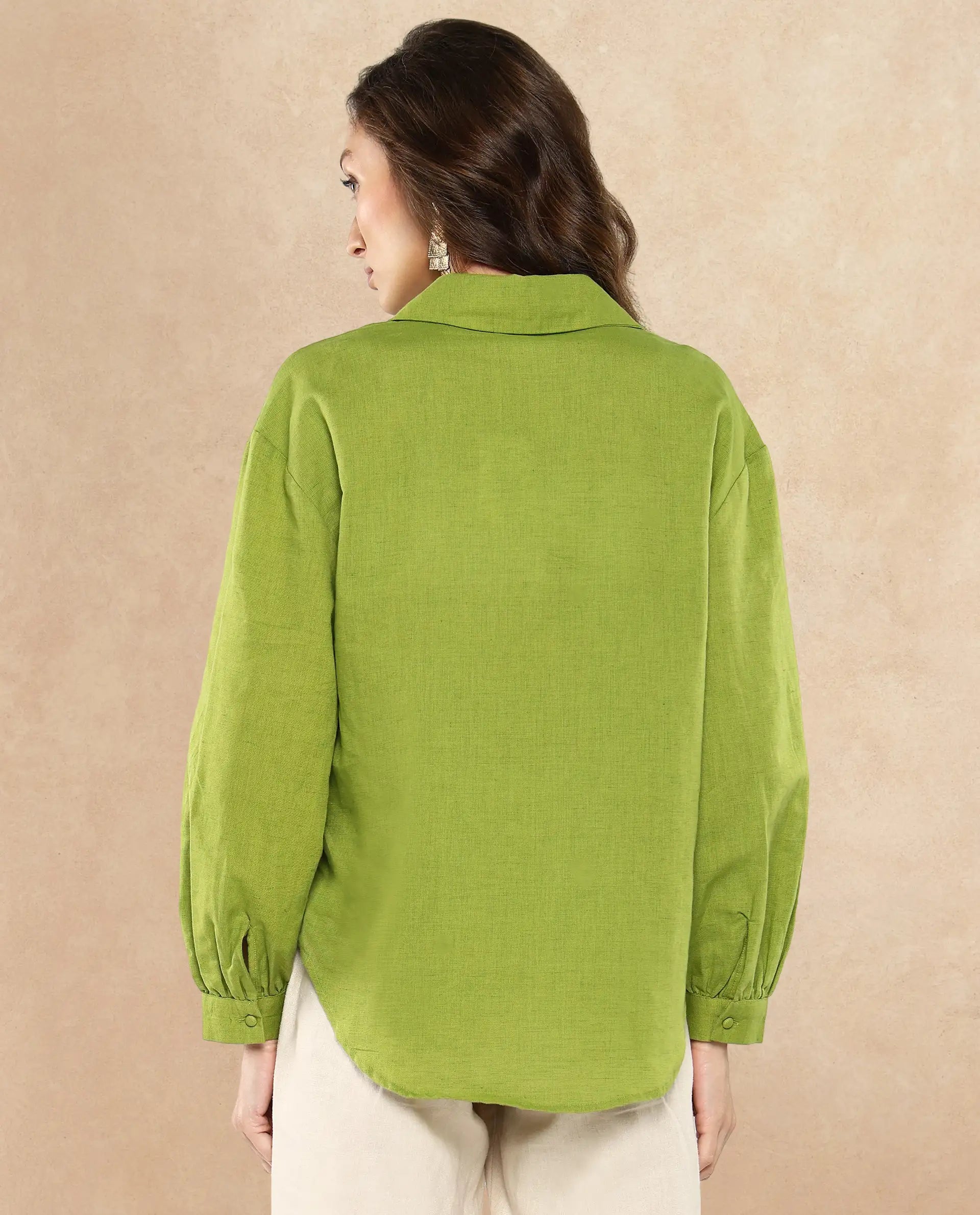 Rareism Women's Lureno Light Olive Cotton Blend Spread Collar Plain Cuffed Sleeve Regular Fit Top