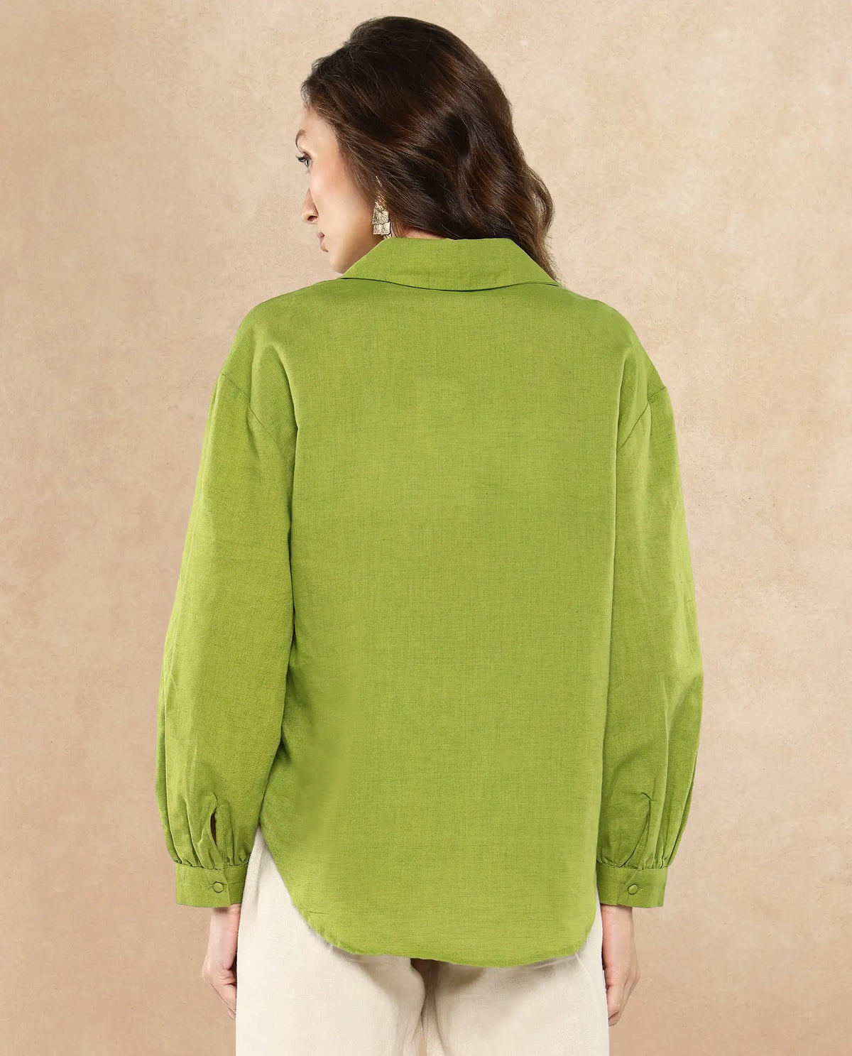 Rareism Women Lureno Light Olive Full Sleeve Collared Neck Button Closure Plain Top