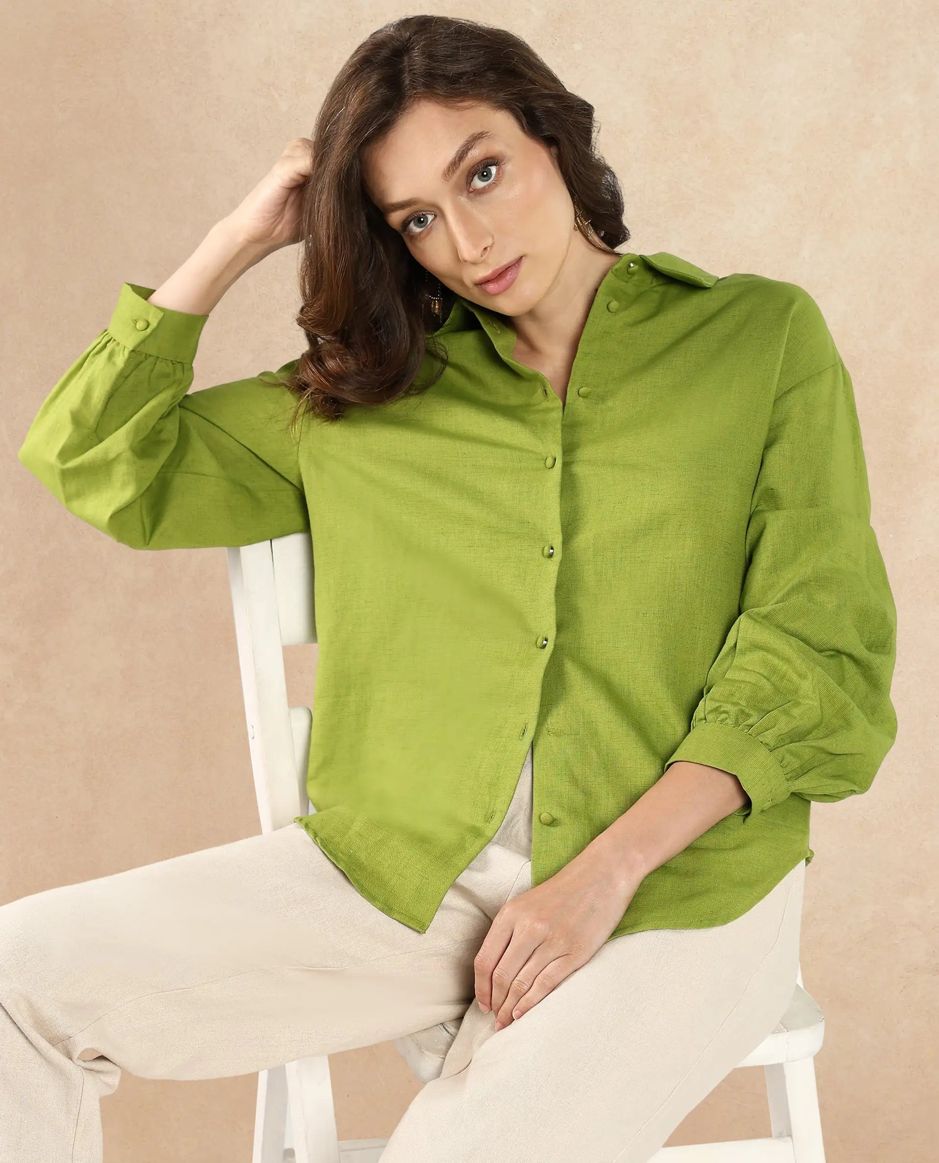 Rareism Women's Lureno Light Olive Cotton Blend Spread Collar Plain Cuffed Sleeve Regular Fit Top