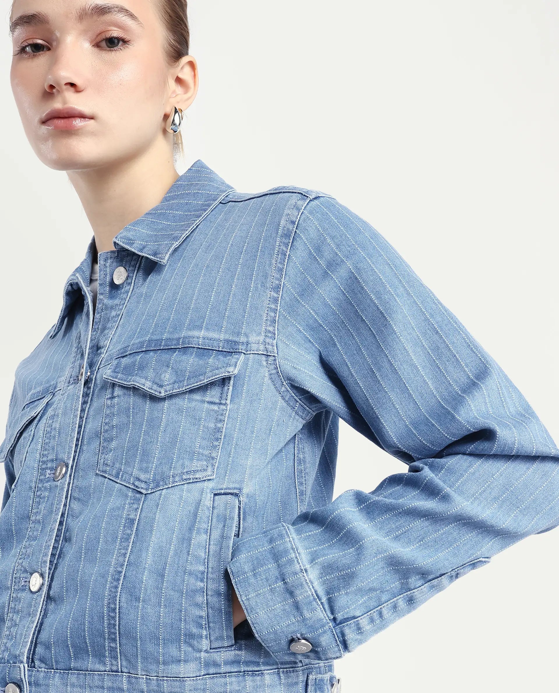 Rareism Women's Luz Light Blue Cotton Blend Spread Collar Striped Cuffed Sleeve Regular Fit Jacket