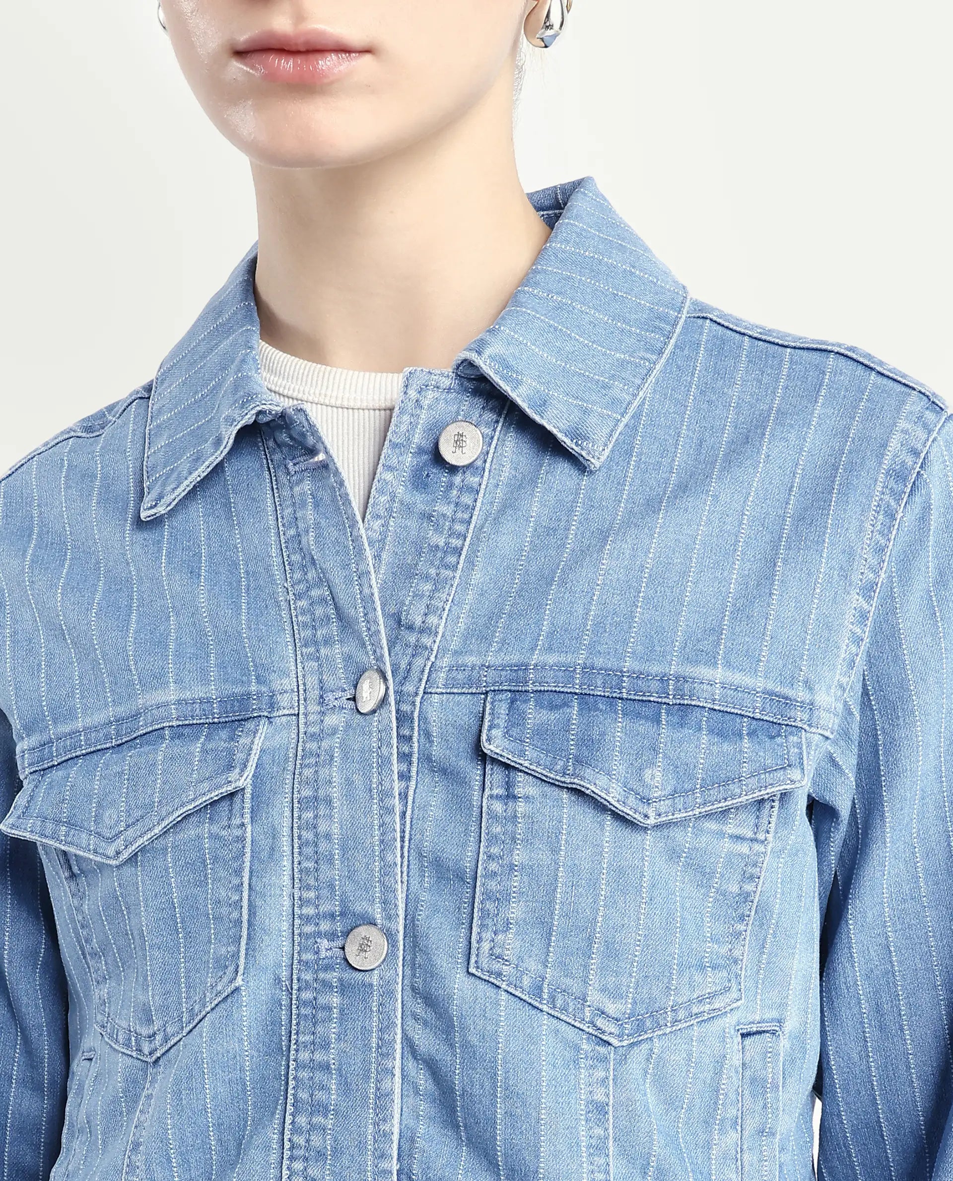 Rareism Women's Luz Light Blue Cotton Blend Spread Collar Striped Cuffed Sleeve Regular Fit Jacket