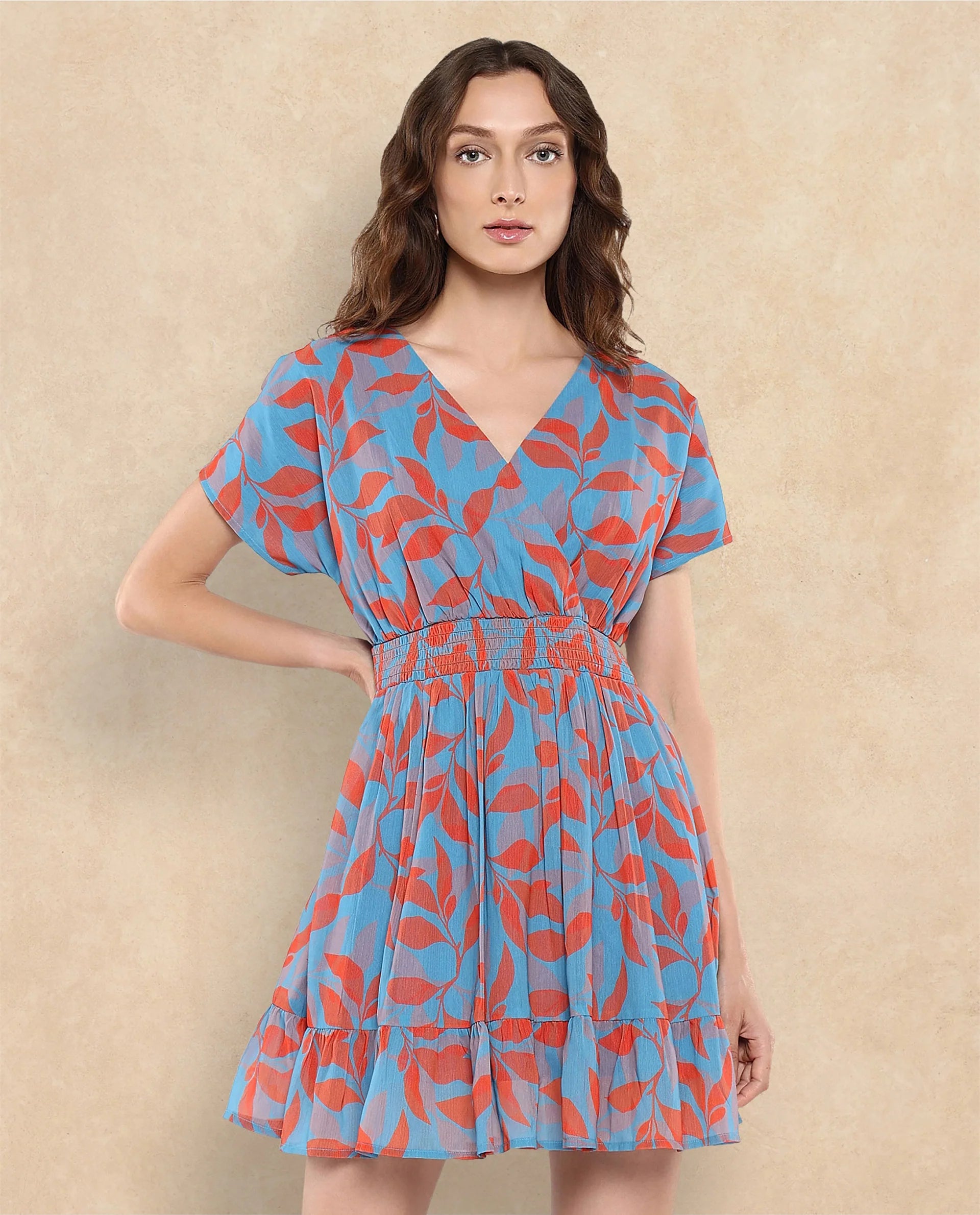 Rareism Women's Luzy Multi Cotton Blend V-Neck Abstract Print Extended Sleeves Knee Length Fit And Flare Dress