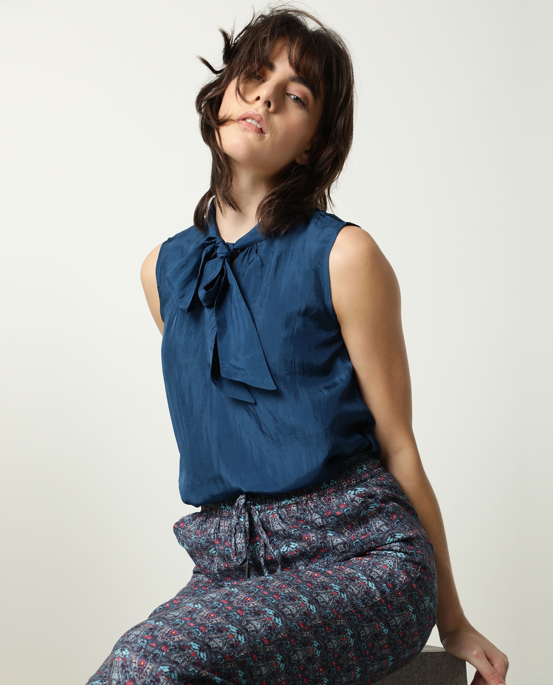 Rareism Womens Mac Petrol Top Viscose Fabric Sleeveless Tie Up