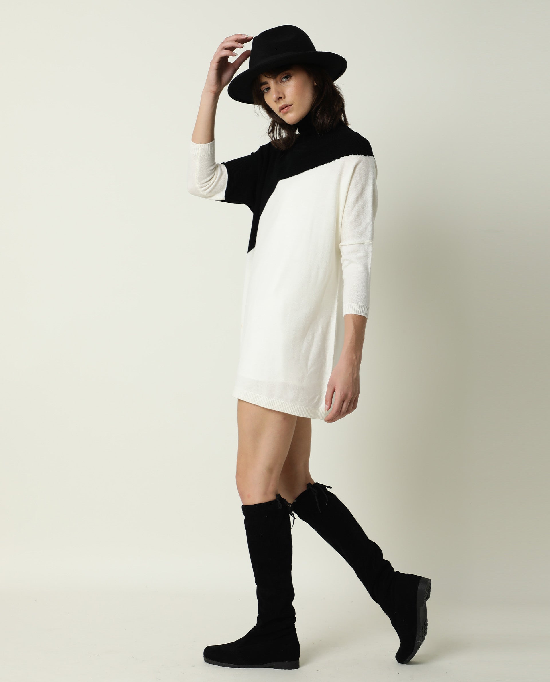 Rareism Women's Spaton Black Acrylic High Neck Color Block Knee Length Regular Fit Sweater