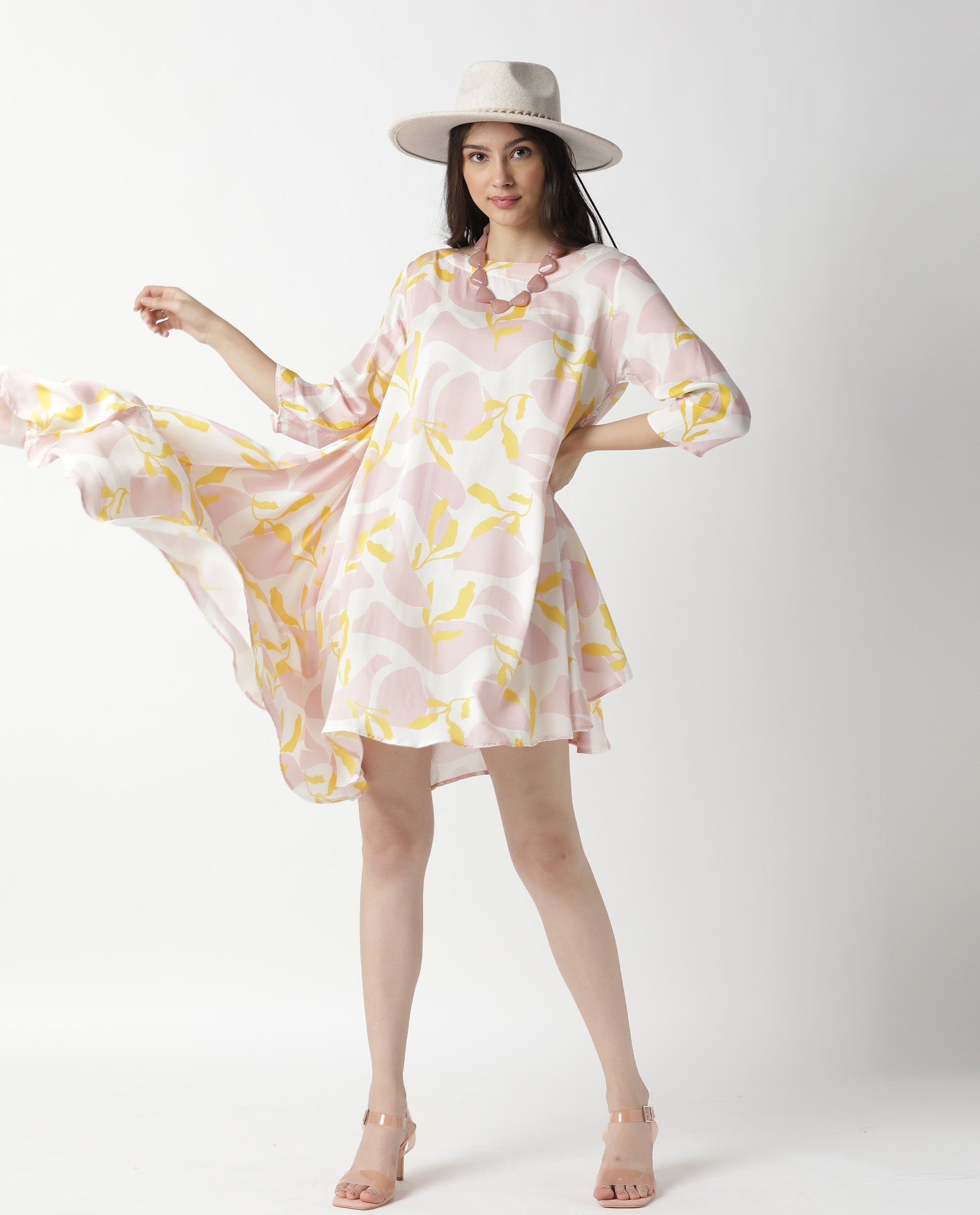 Rareism Womens Spider Pink Dress Modal Fabric Relaxed Fit 3/4 Sleeve Round Neck