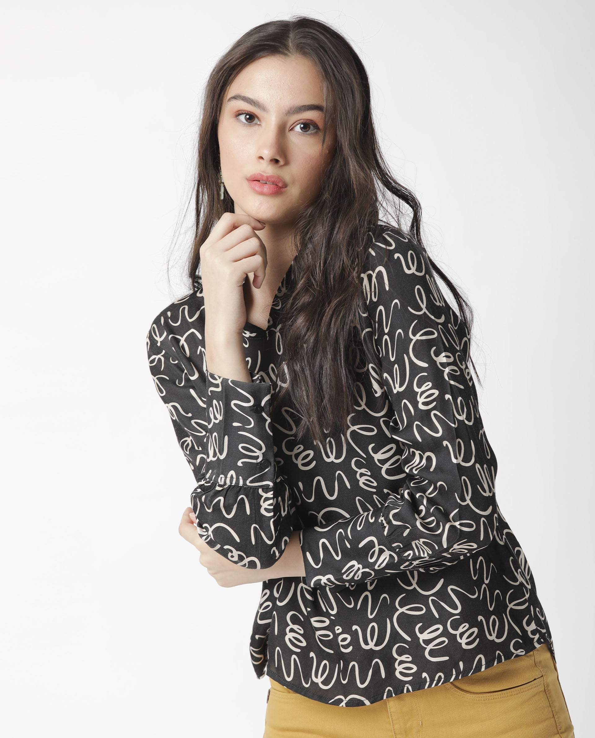 Rareism Womens Zesh Black Top Modal Satin Fabric Regular Fit Full Sleeve High Neck