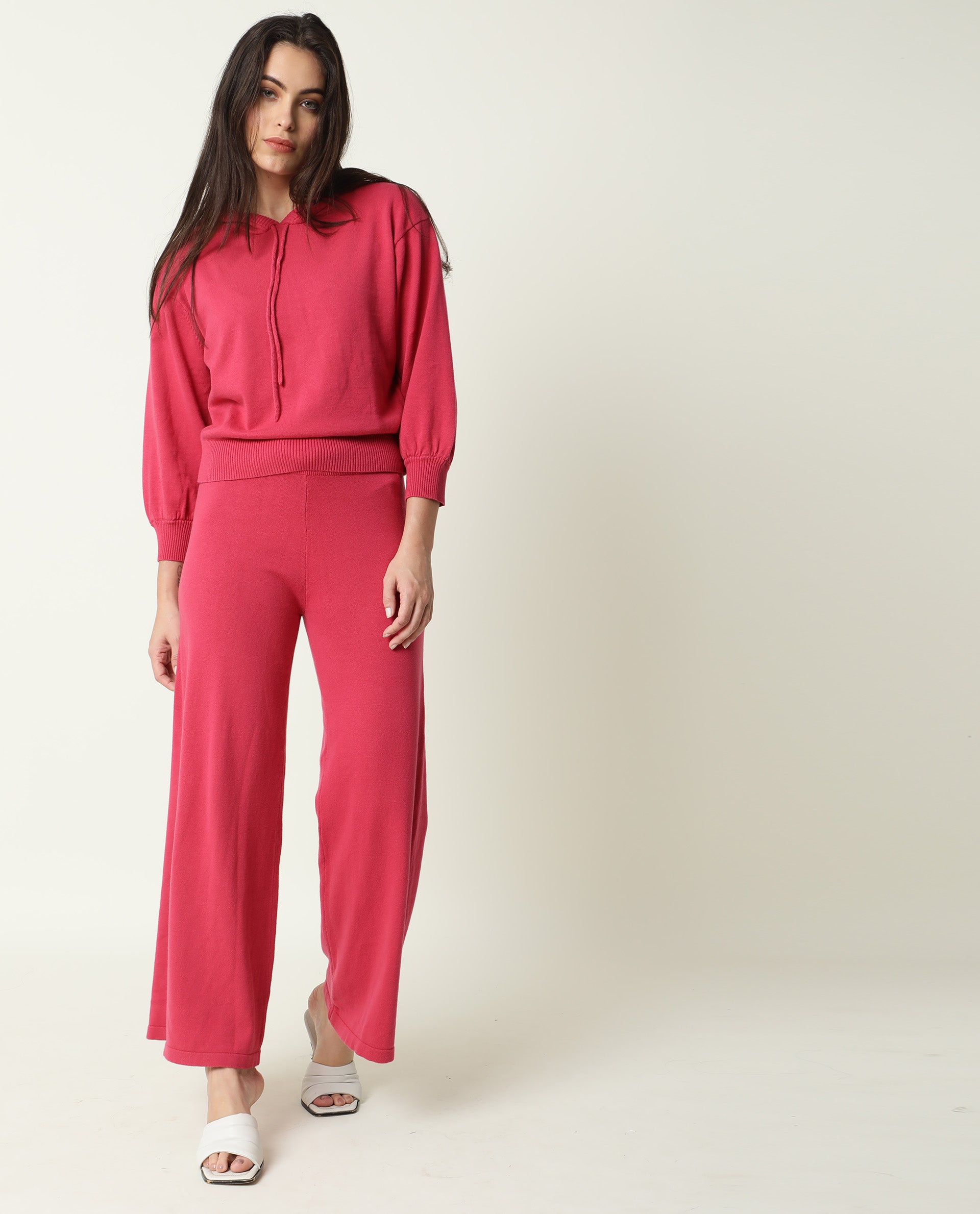 Rareism Women's Finn Light Pink Cotton Hooded Plain Knee Length Straight Fit Track Suit