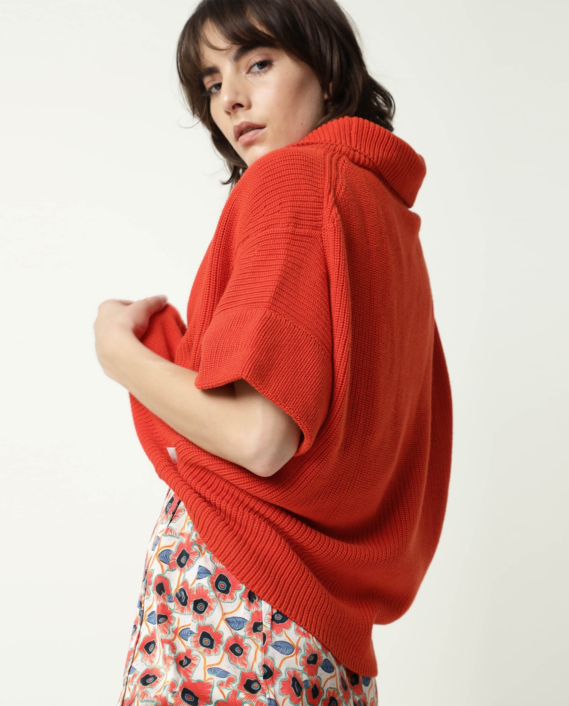 Rareism Women Daffy Orange Cotton Fabric Half Sleeves Relaxed Fit Solid Cowl Neck Sweater