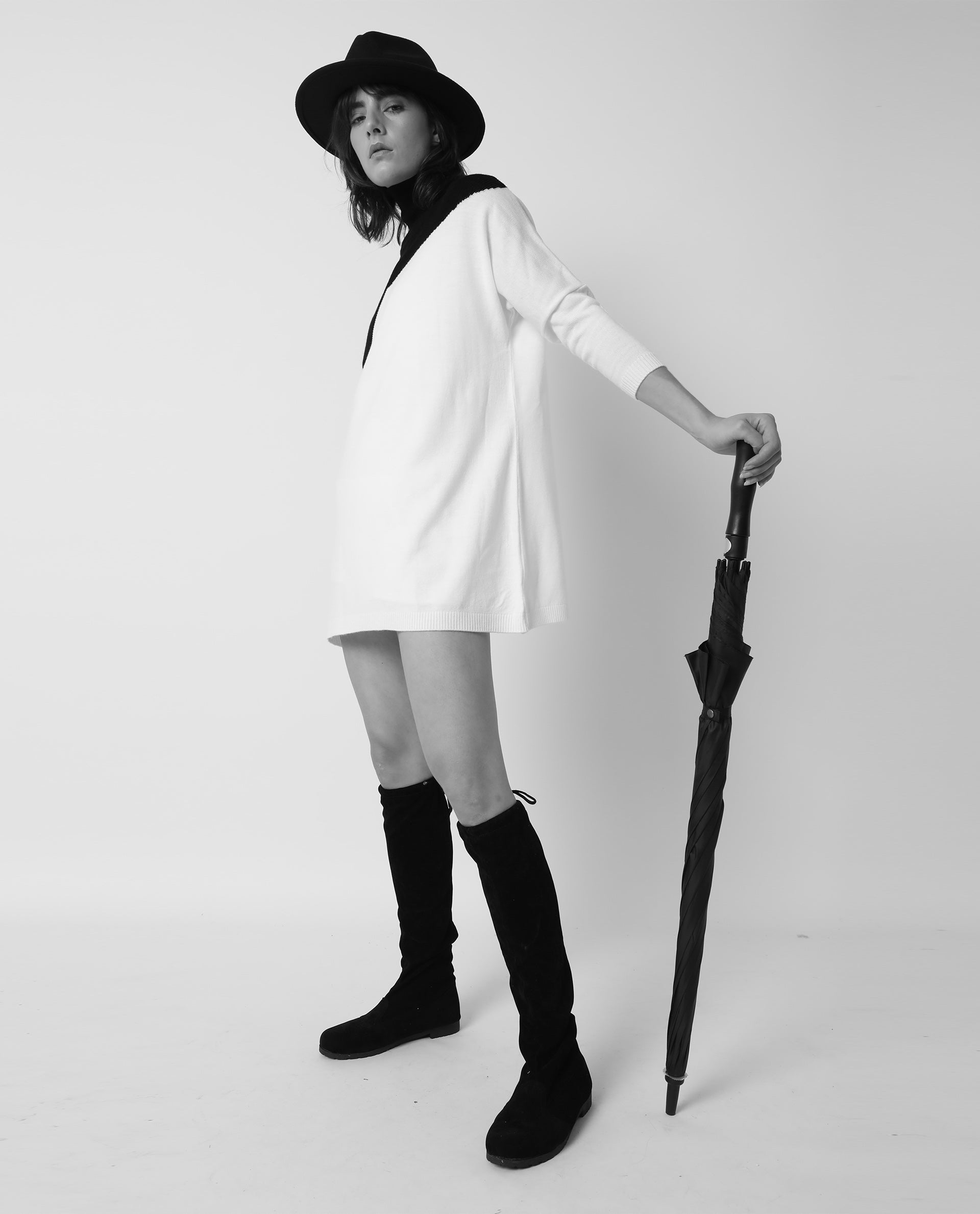 Rareism Women Spaton Black Acrylic Fabric Full Sleeves Knee Length Regular Fit Color Blocked High Neck Sweater