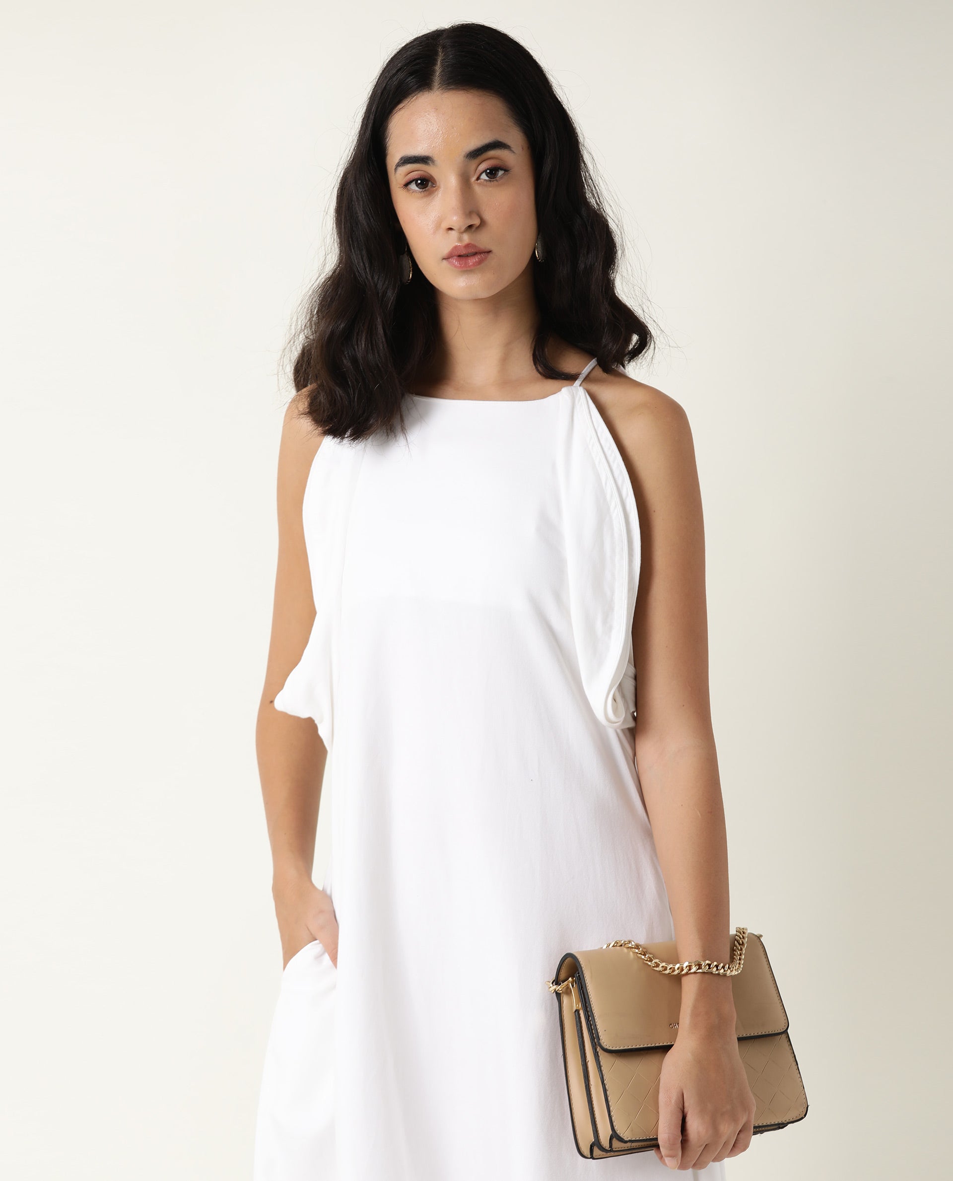 Rareism Women's Acron White Tencel Shoulder Strap Plain Sleeveless Maxi Regular Fit Dress