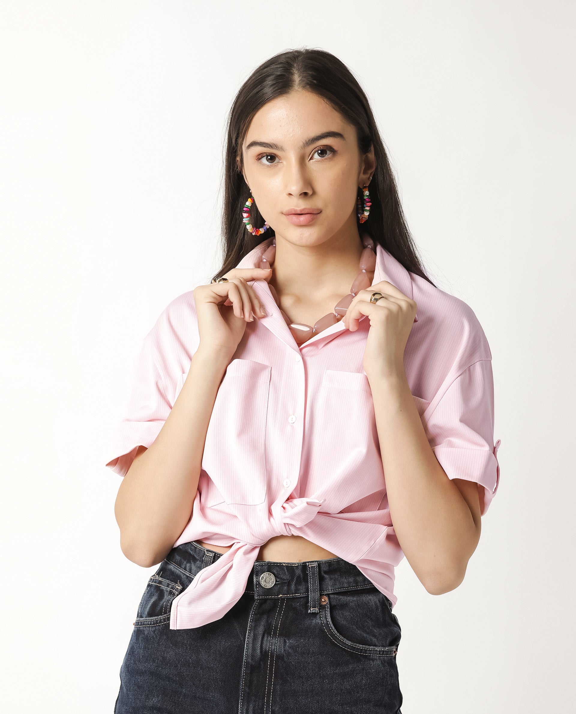 Rareism Women Bolero Pink Regular Fit Shirt Collar Half Sleeves Solid Top
