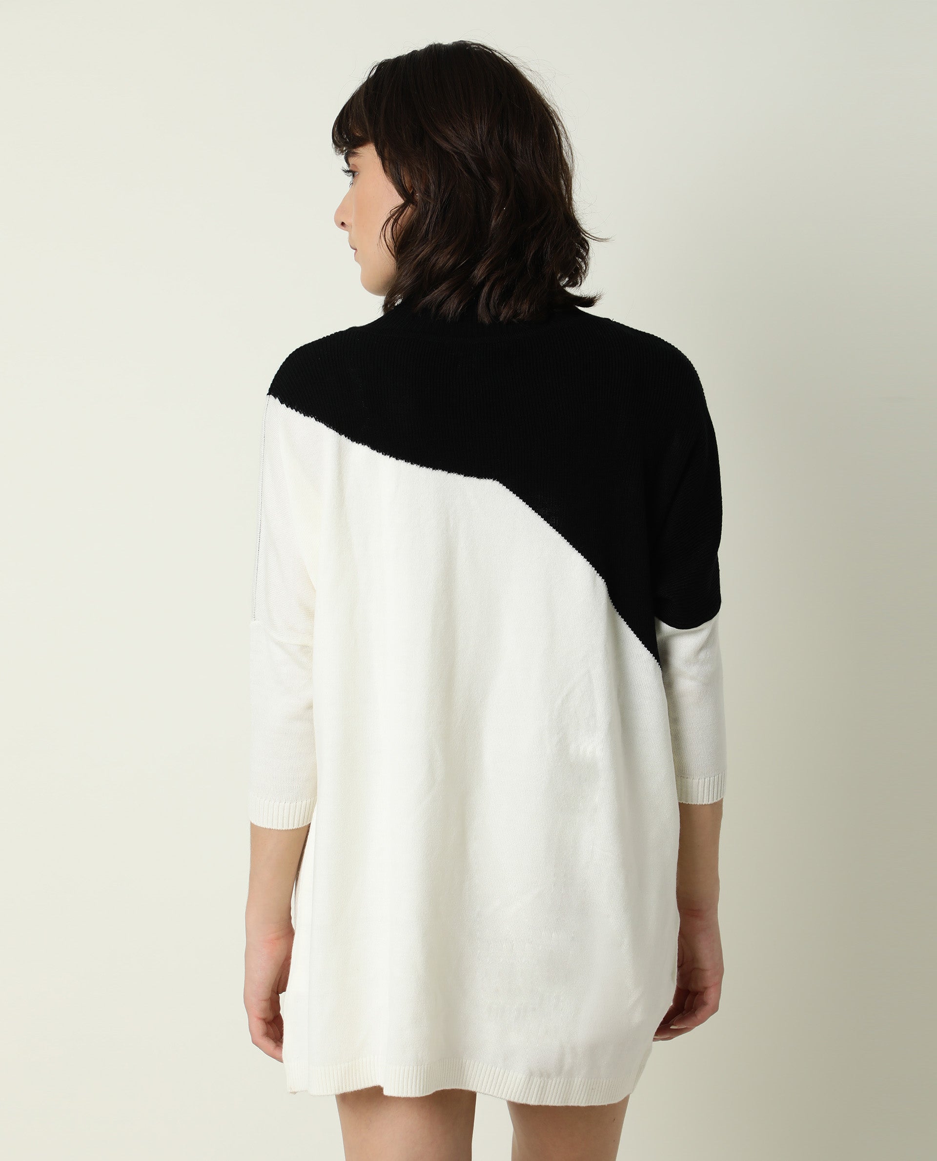 Rareism Women's Spaton Black Acrylic High Neck Color Block Knee Length Regular Fit Sweater
