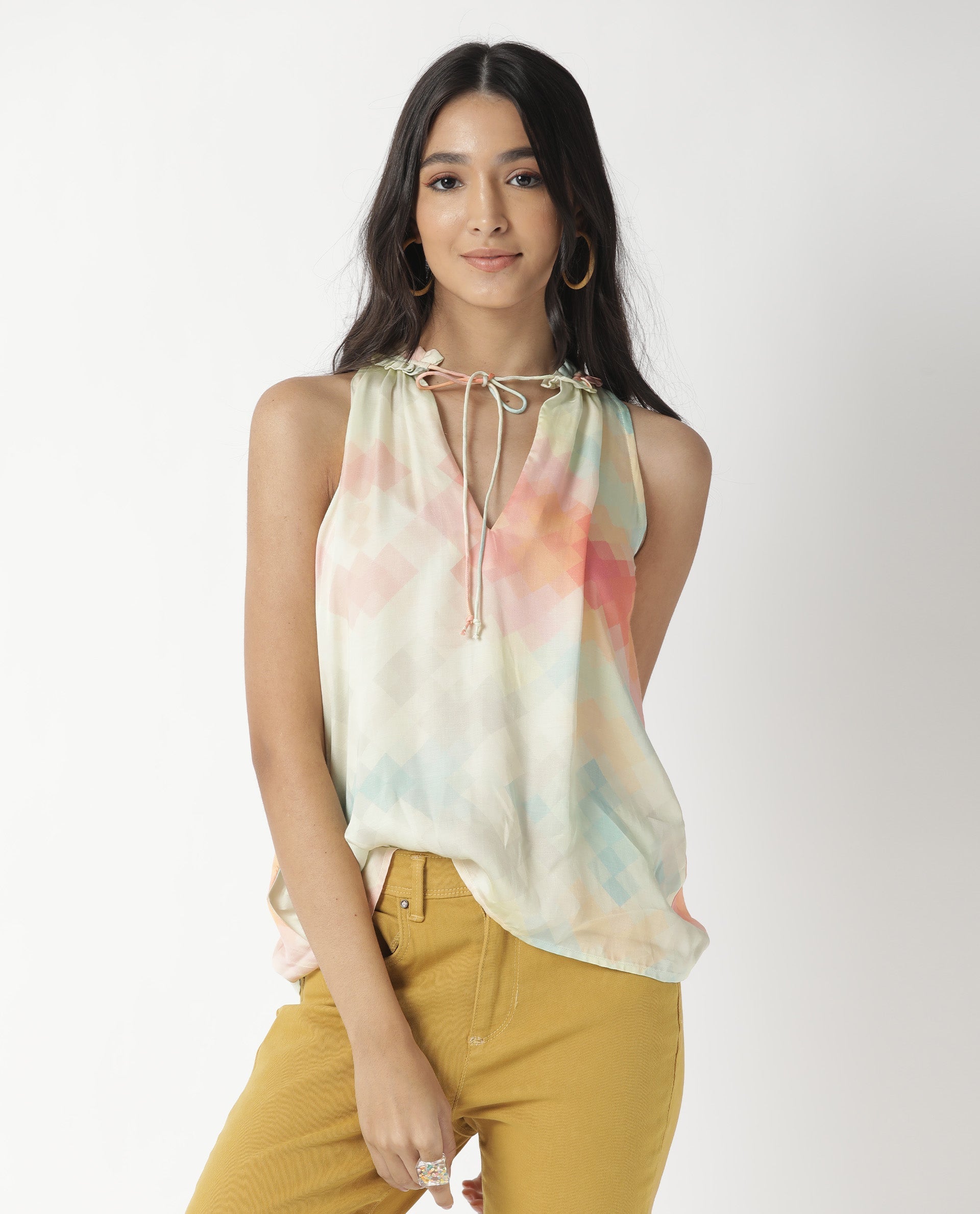 Rareism Women's Groot Offwhite Modal Tie-Up Neck Abstract Print Sleeveless Relaxed Fit Top