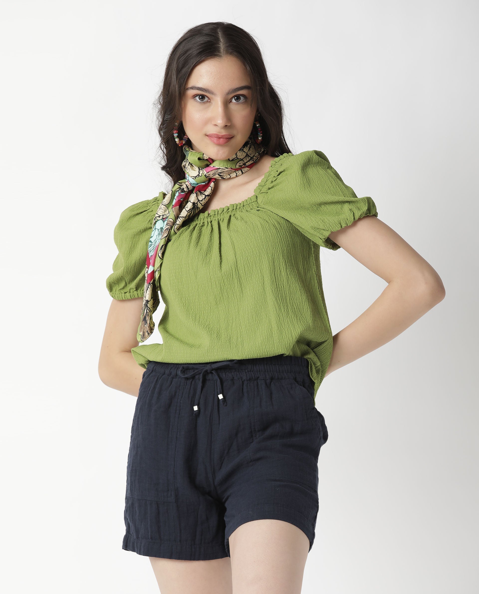 Rareism Women Leno Navy Cotton Fabric Regular Fit Solid High Rise Shorts