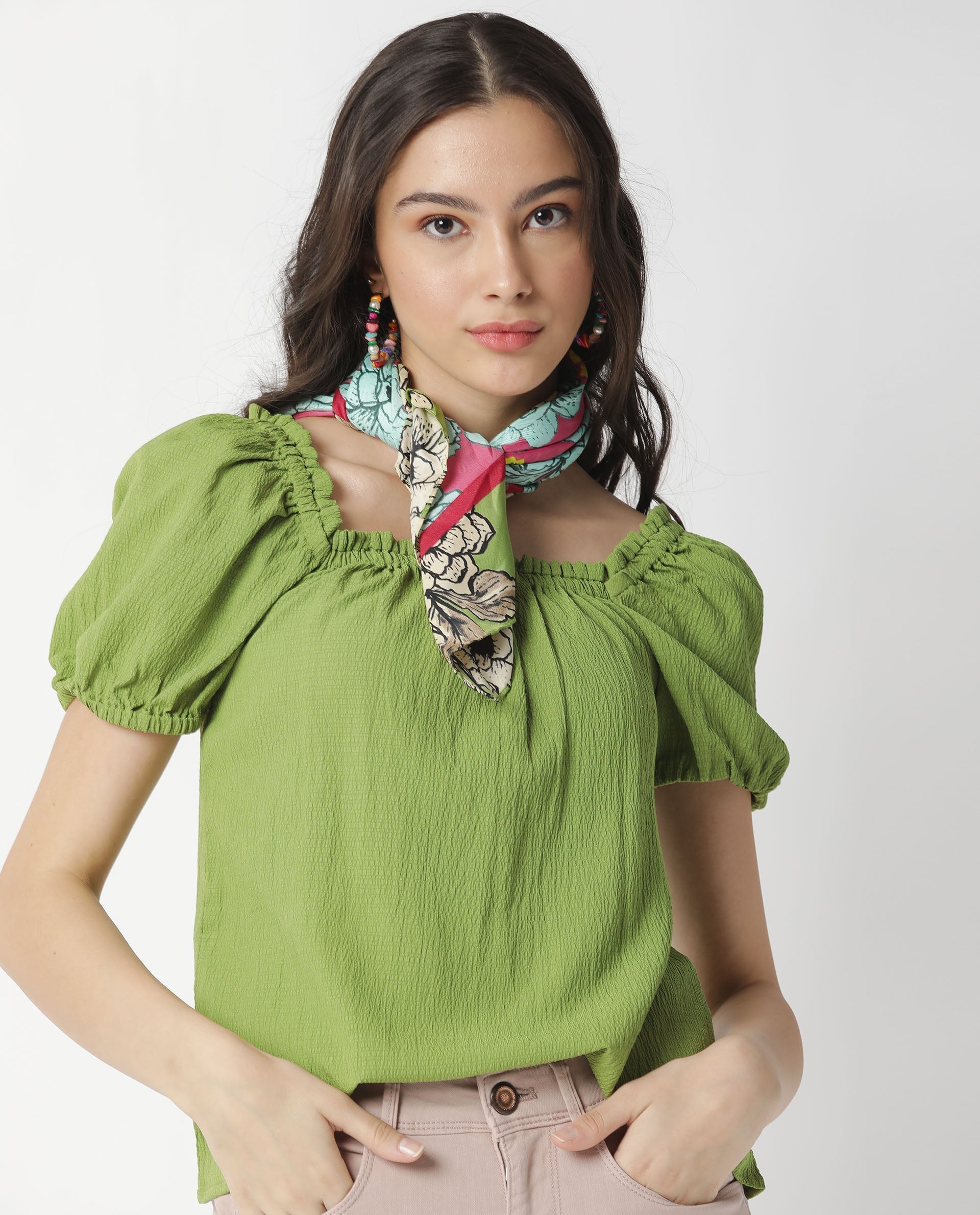 Rareism Women's Swag Green Cotton Blend Square Neck Plain Tailored Top