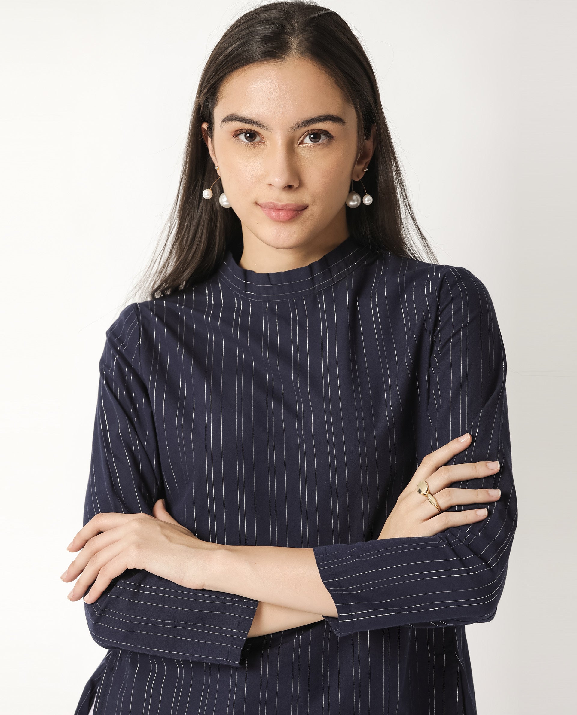 Rareism Women Tarnish Navy Regular Fit High Neck Full Sleeves Striped Top