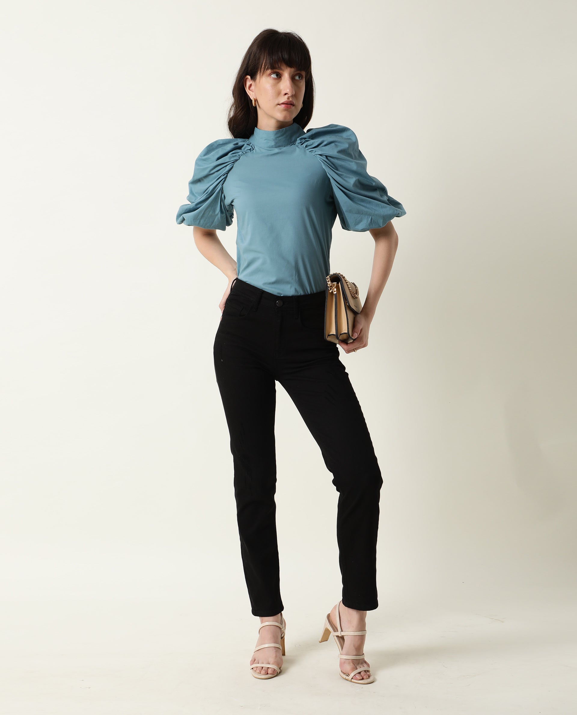 Rareism Womens Bobby Blue Top Cotton Fabric Half Sleeve High Neck