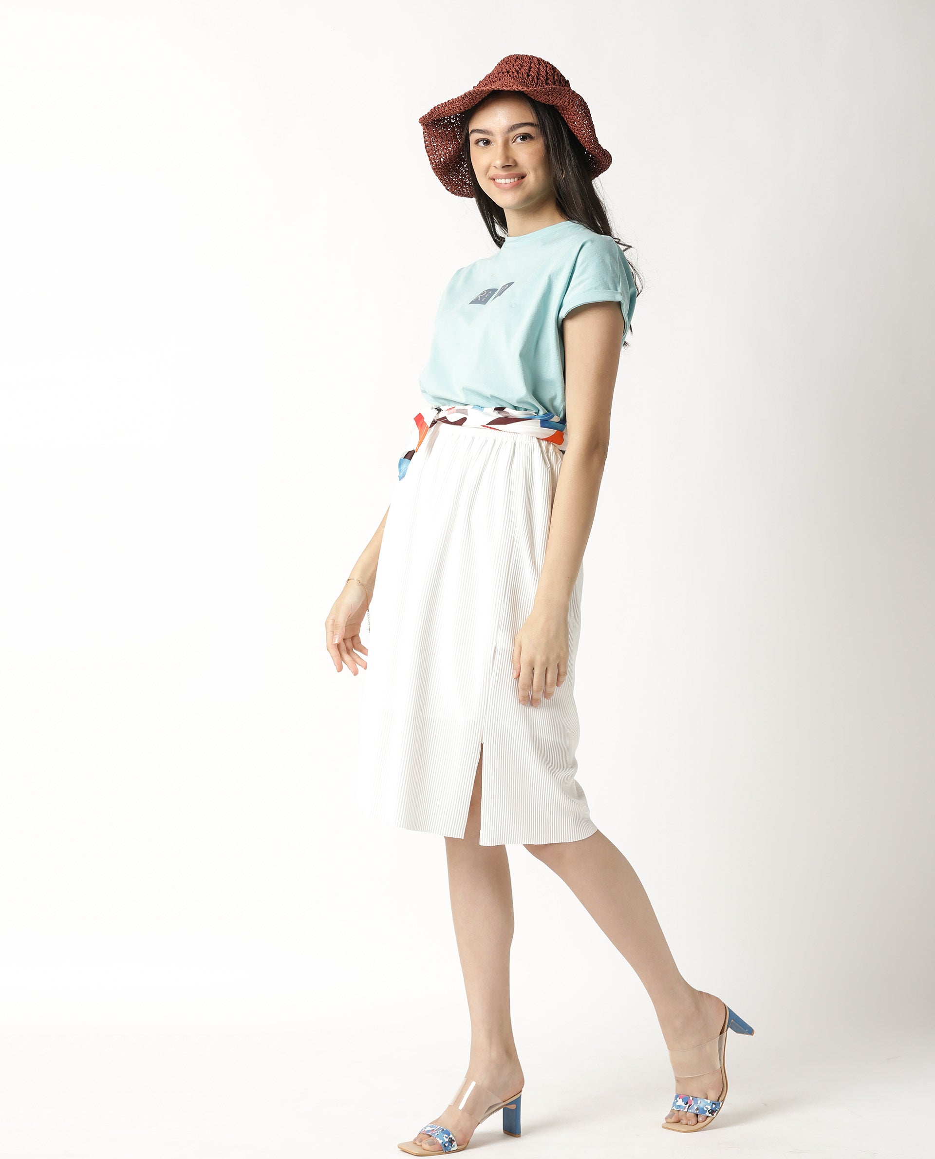 Rareism Women Cardi Light Blue Cotton Fabric Regular Fit Half Sleeves Graphic Print Crew Neck T-Shirt