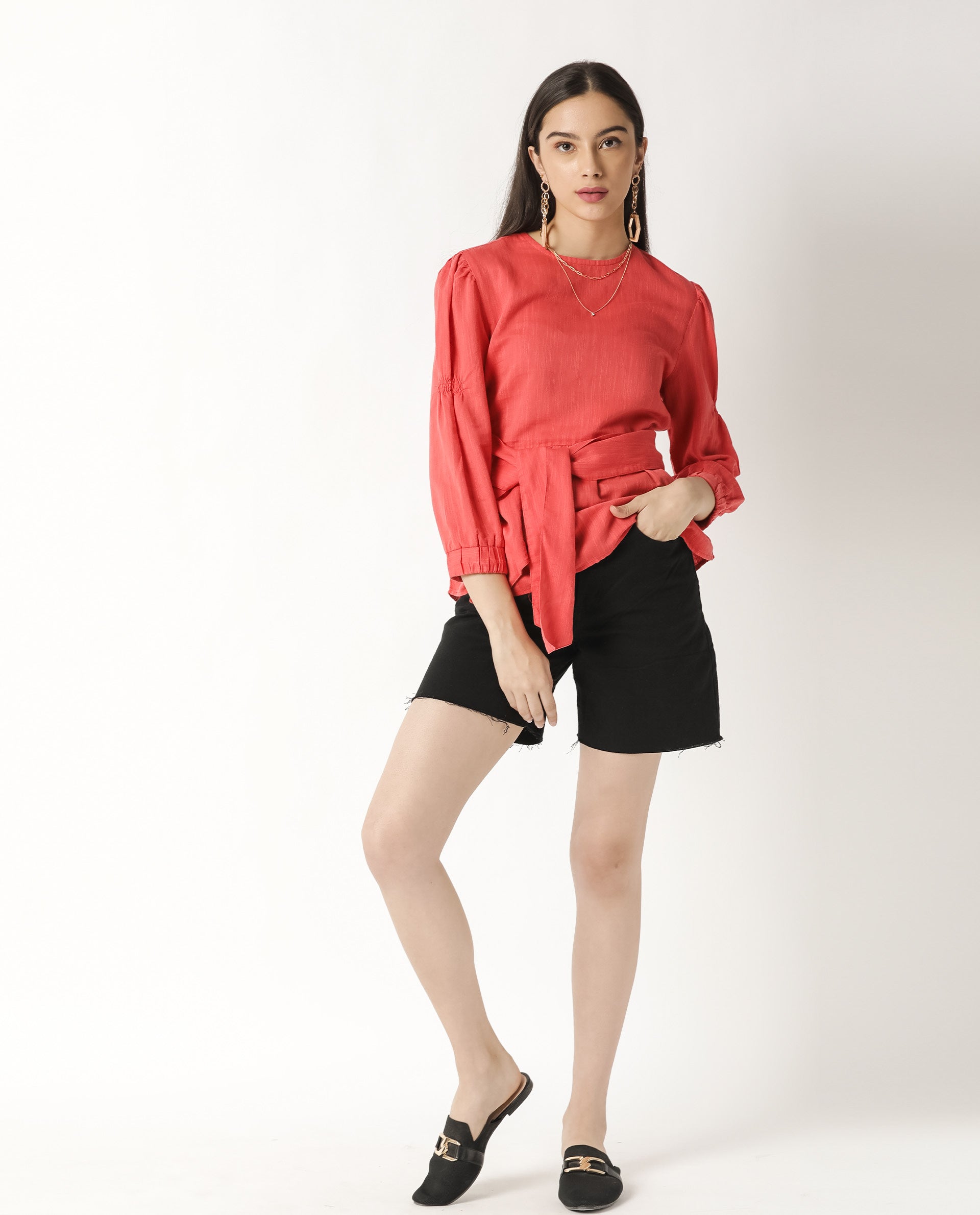 Rareism Womens Mocky Red Top Full Sleeve Elasticated Cuff Crew Neck